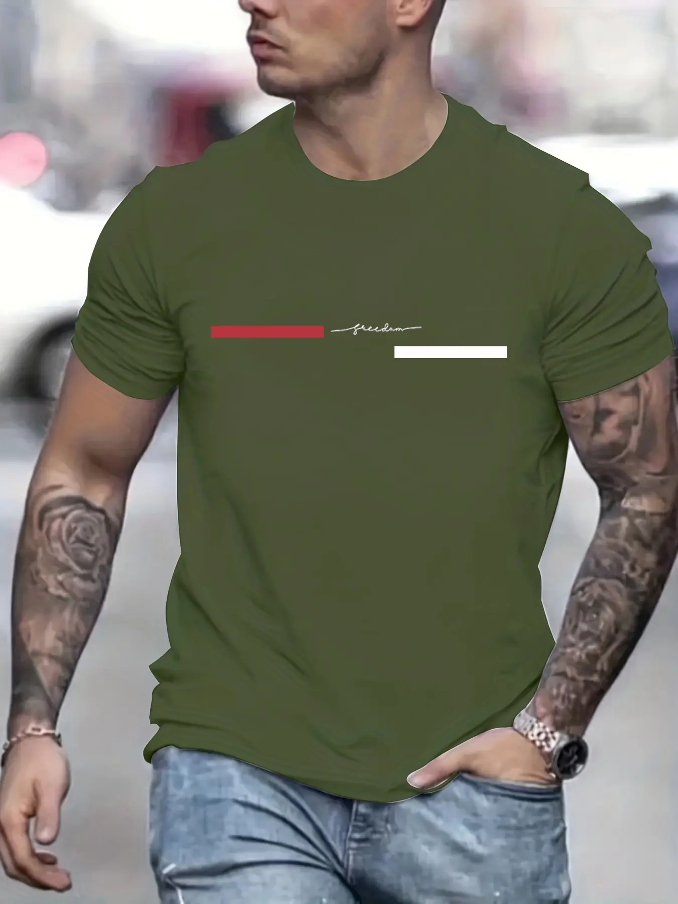 Summer men's 100% pure cotton casual loose freedom letter printed sports comfortable round neck short sleeved T-shirt top