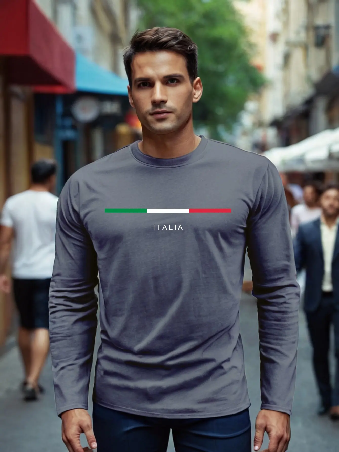 Men's 100% pure cotton loose fit comfortable sports and leisure American eagle pattern printed round neck long sleeved T-shirt