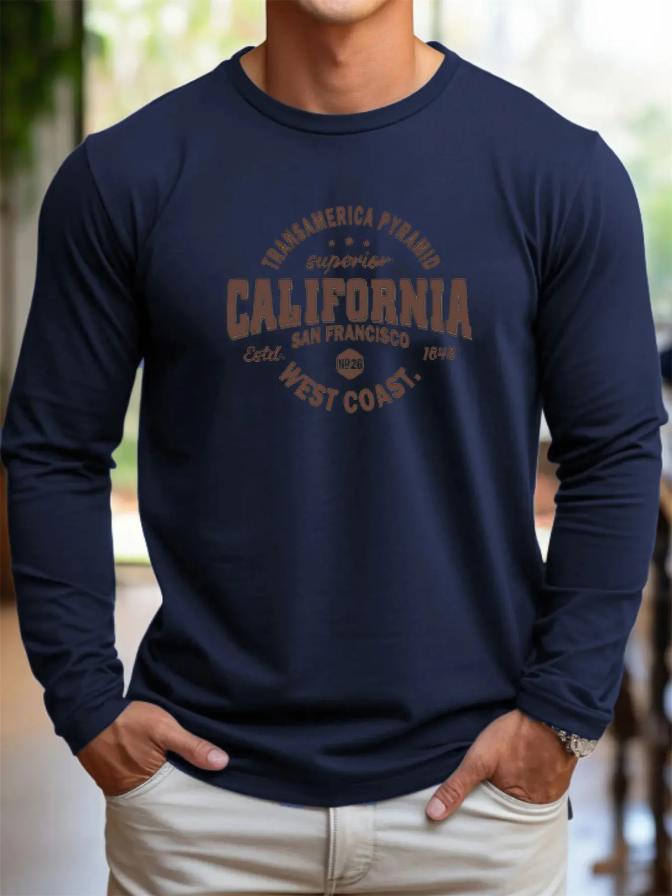 Men's 100% pure cotton loose fit comfortable sports and leisure California West Coast printed round neck long sleeved T-shirt