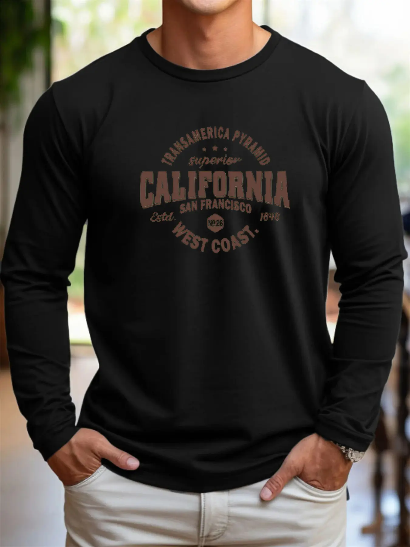 Men's 100% pure cotton loose fit comfortable sports and leisure California West Coast printed round neck long sleeved T-shirt