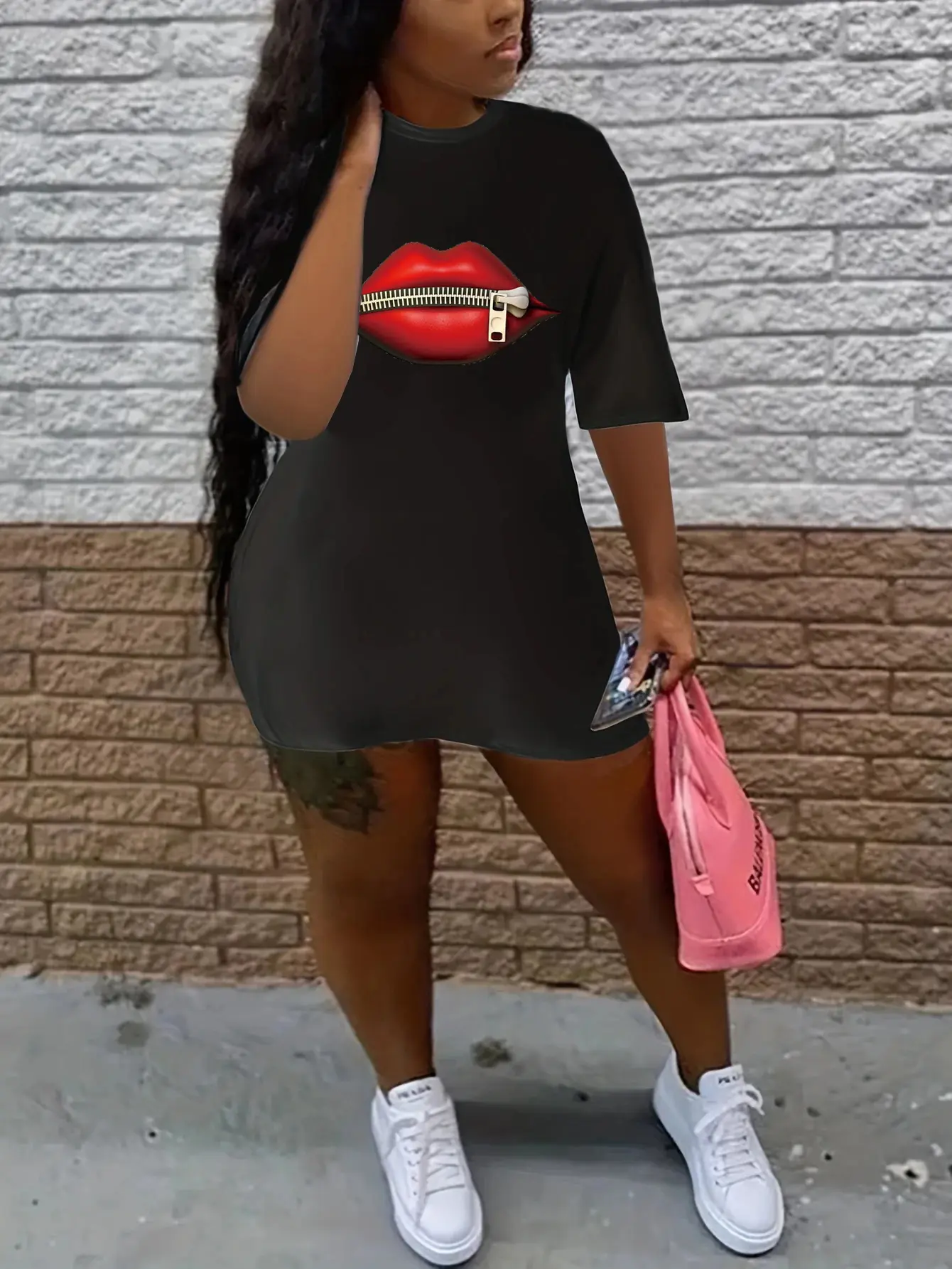 Women's summer casual red lip print loose size round neck short sleeved T-shirt dress  New Fashion Printed Round