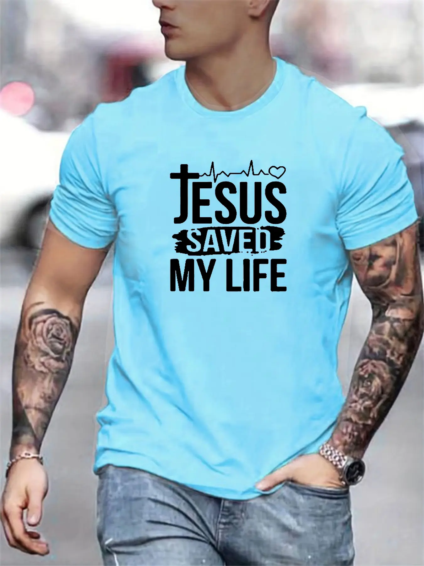 Summer men's 100% cotton casual loose size JESUS SAVED MY LIFE print round neck short sleeved T-shirt top