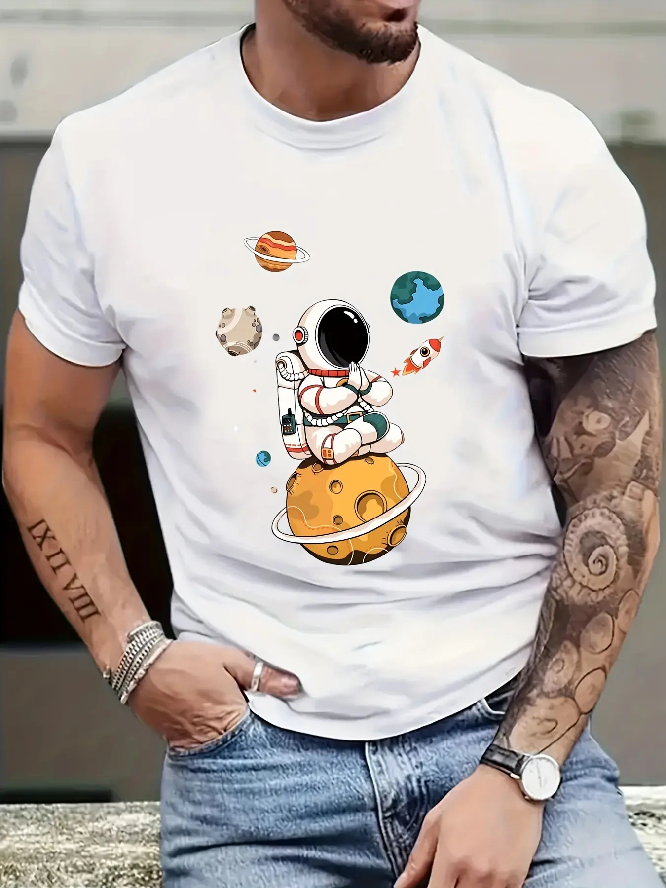 Men's 100% cotton summer loose size Cartoon Astronaut Planet printed slim fit casual sports round neck short sleeved T-shirt top