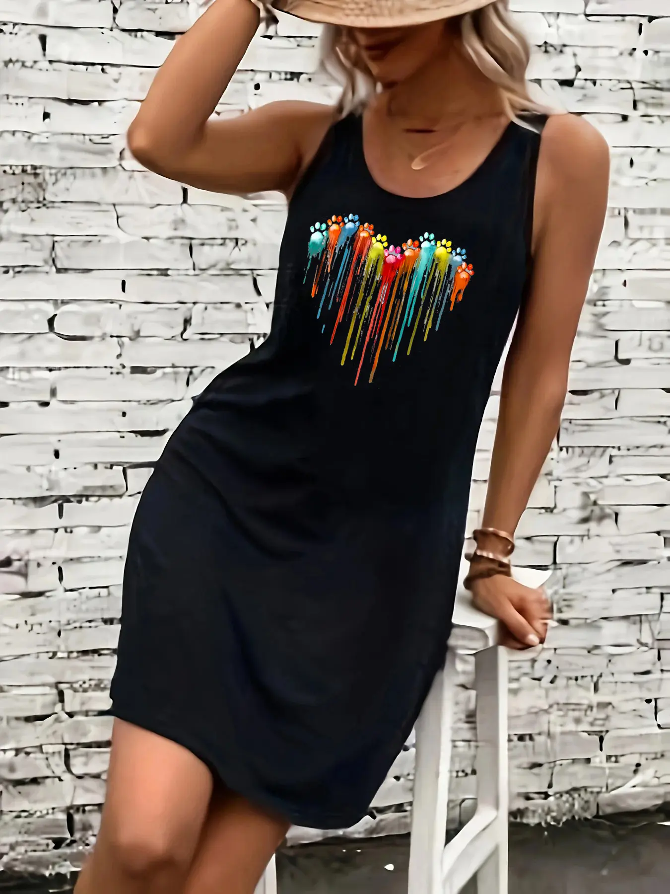 Women's summer loose and comfortable casual heart-shaped printed black sleeveless vest dress punk style dress