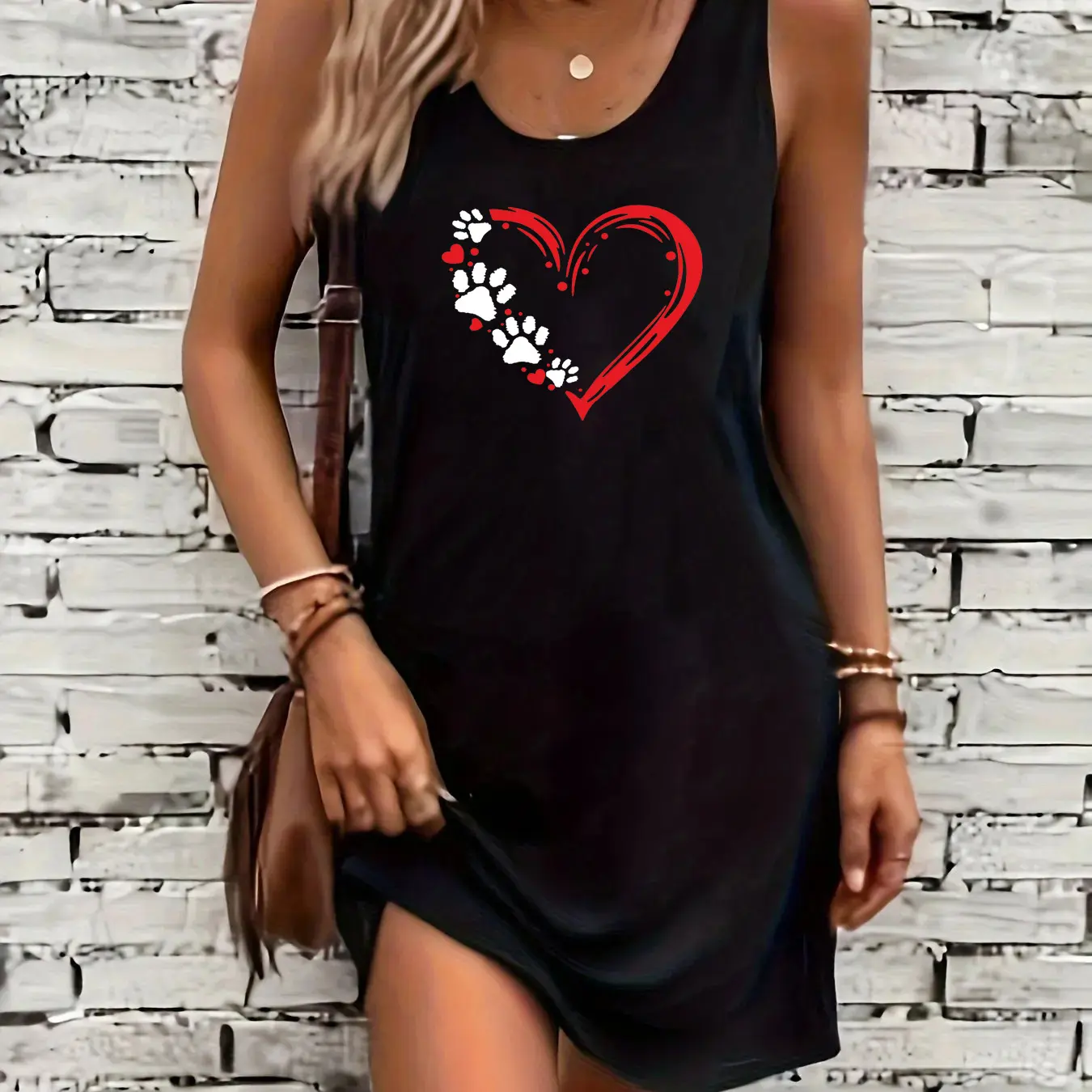 Women's summer loose and comfortable casual heart-shaped printed black sleeveless vest dress punk style dress