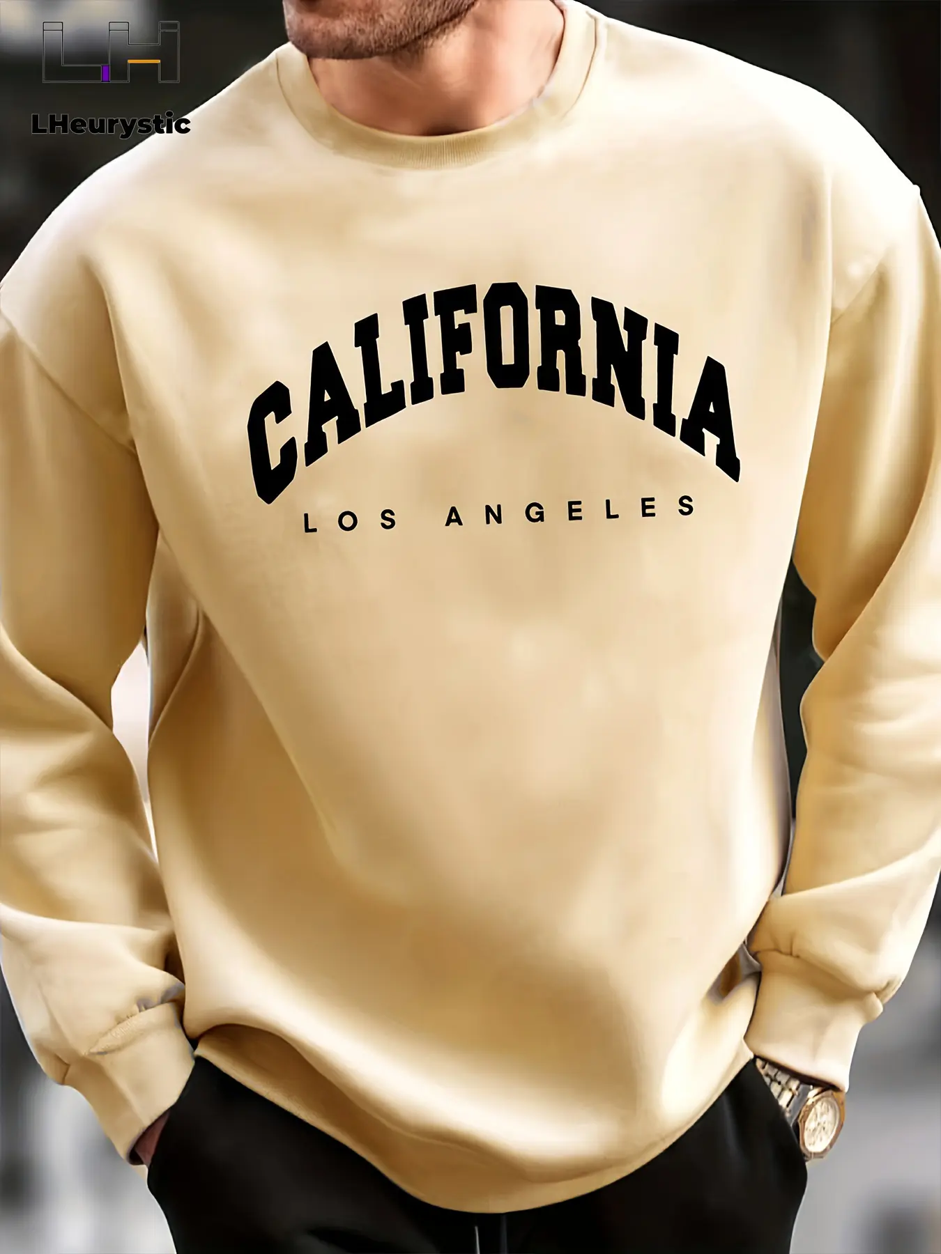 Men's autumn and winter fashionable casual loose oversized California print fleece pullover round neck long sleeved sweatshirt