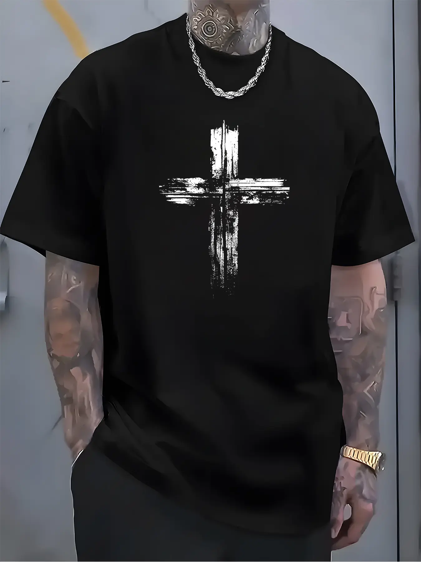 Men's summer 100 cotton fashionable casual loose plus size retro cross print sports round neck short sleeved T-shirt top