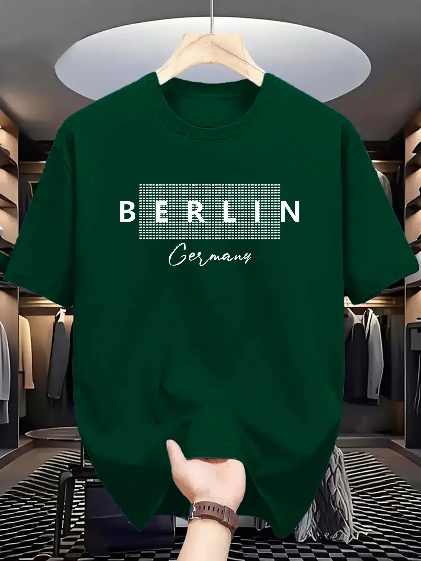 Men's summer 100% pure cotton fashionable casual loose sports BERLIN letter pattern printed round neck short sleeved T-shirt top
