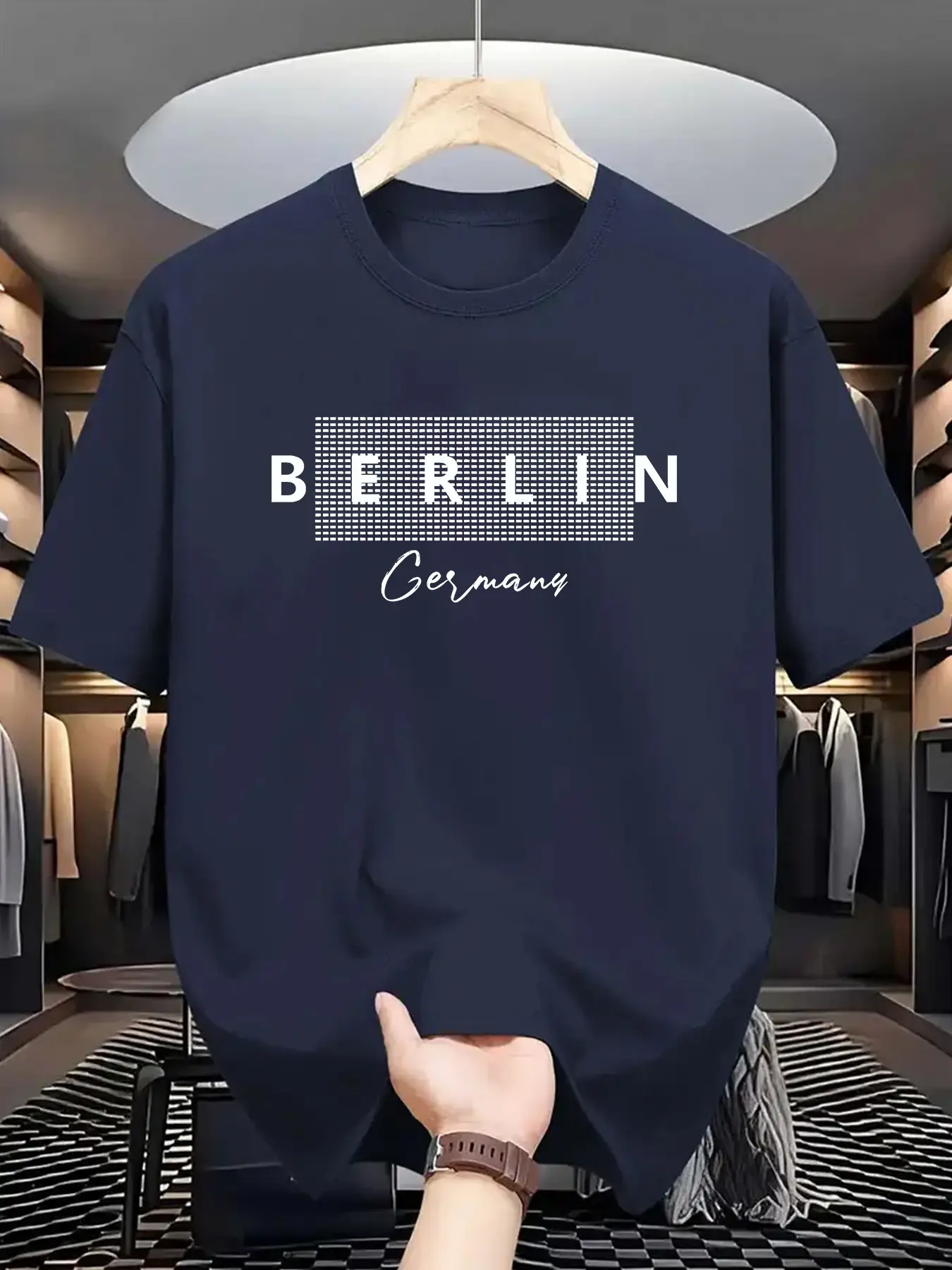 Men's summer 100% pure cotton fashionable casual loose sports BERLIN letter pattern printed round neck short sleeved T-shirt top