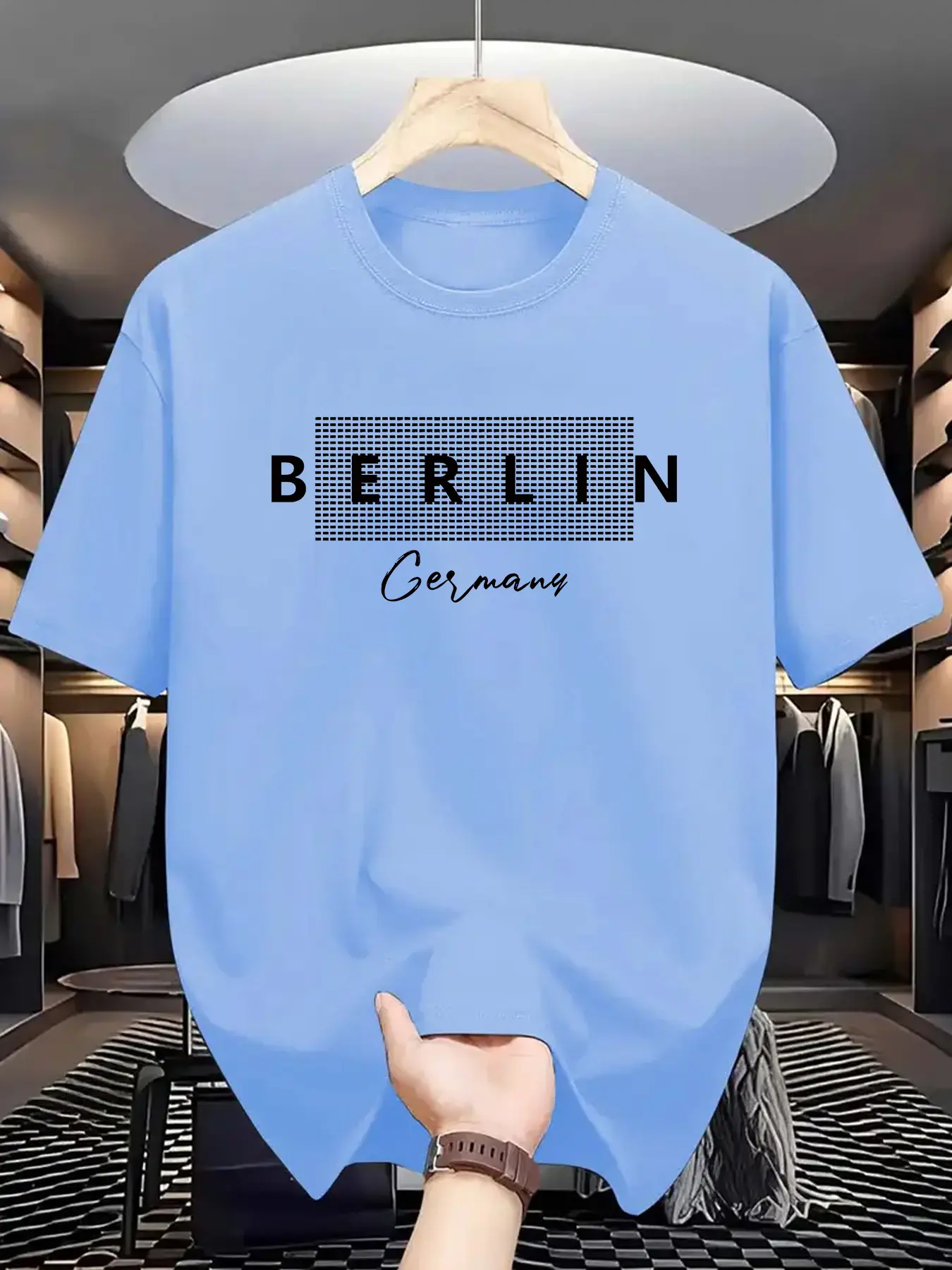 Men's summer 100% pure cotton fashionable casual loose sports BERLIN letter pattern printed round neck short sleeved T-shirt top