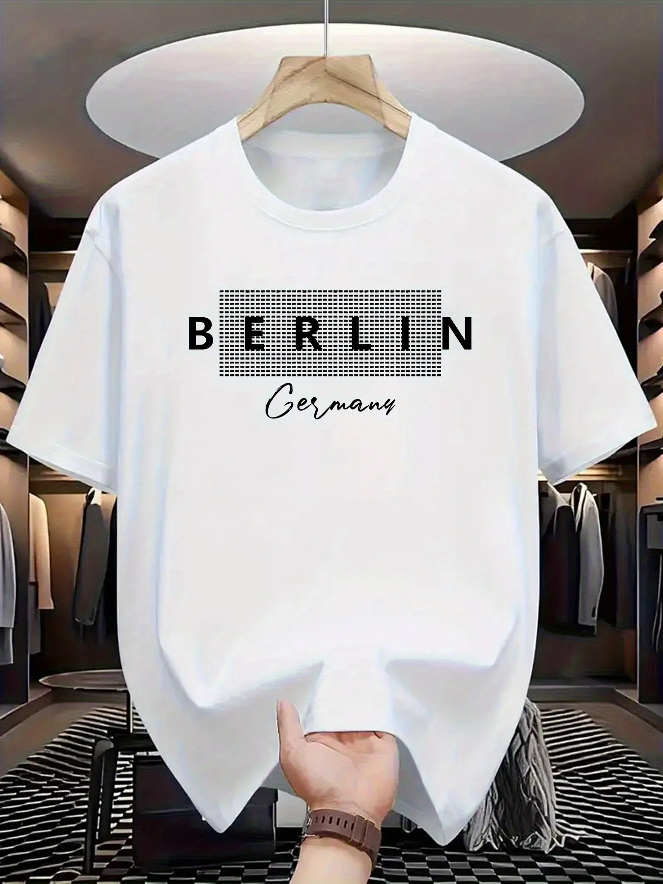 Men's summer 100% pure cotton fashionable casual loose sports BERLIN letter pattern printed round neck short sleeved T-shirt top