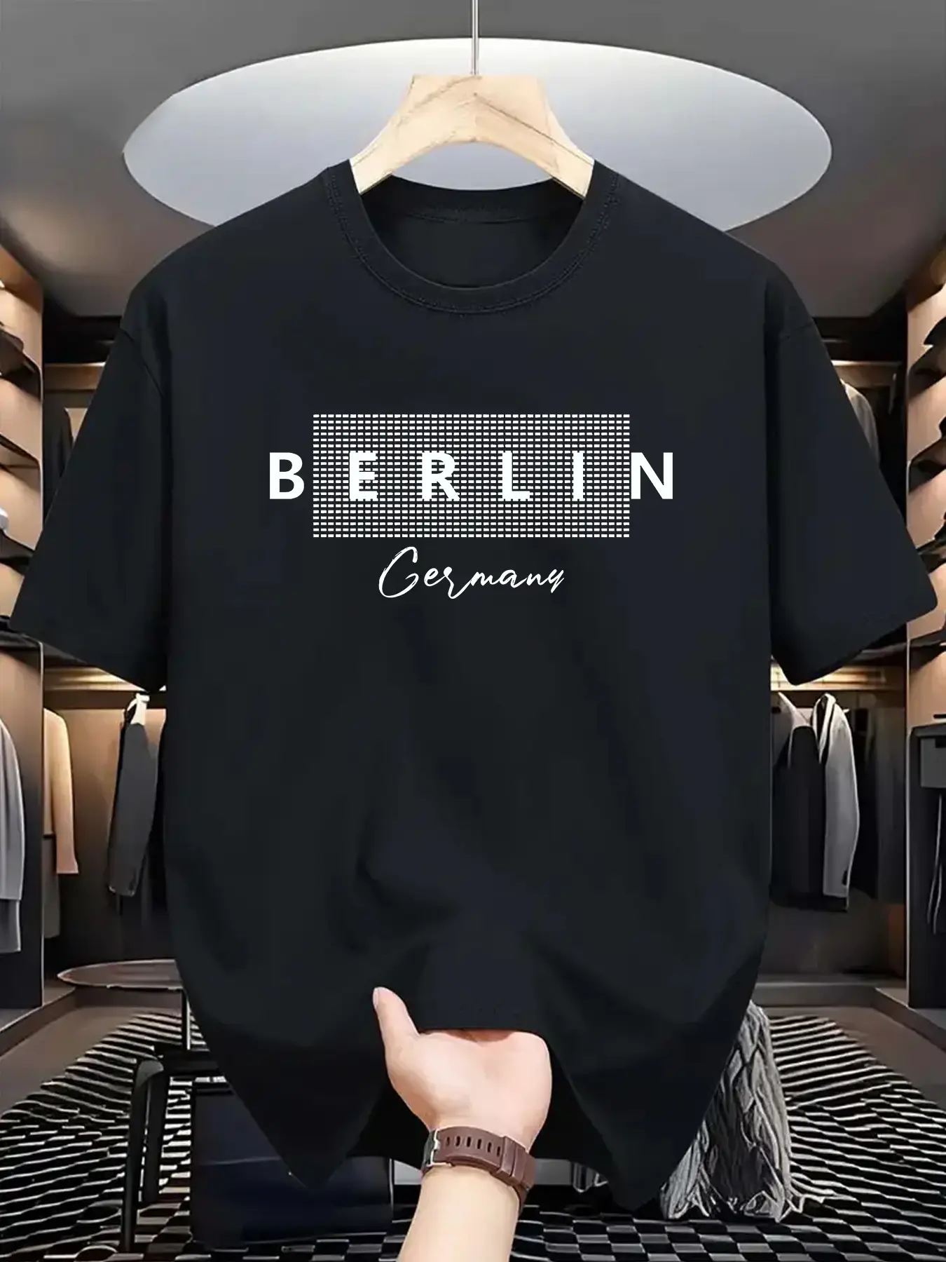 Men's summer 100% pure cotton fashionable casual loose sports BERLIN letter pattern printed round neck short sleeved T-shirt top