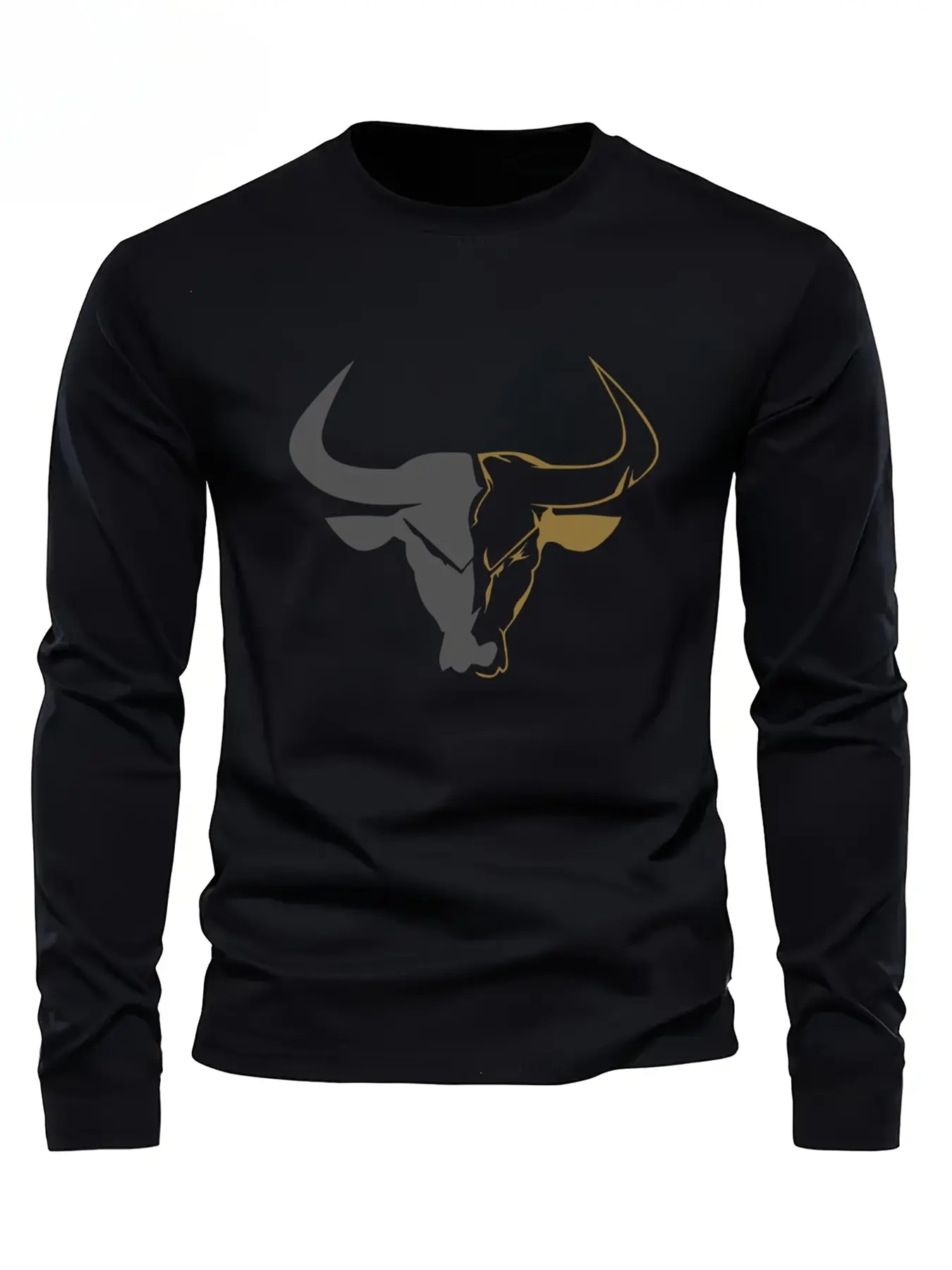 Men's 100% pure cotton loose fit plus size comfortable casual sports bull pattern printed round neck long sleeved T-shirt top