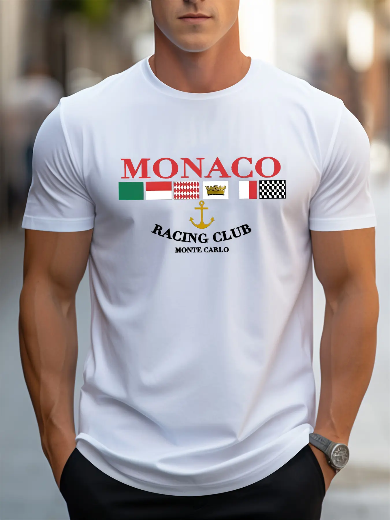 Summer men's 100% pure cotton casual loose MONACO letter printed sports comfortable round neck short sleeved T-shirt top