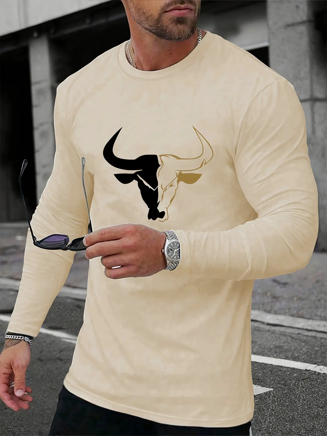 Men's 100% pure cotton loose fit plus size comfortable casual sports bull pattern printed round neck long sleeved T-shirt top