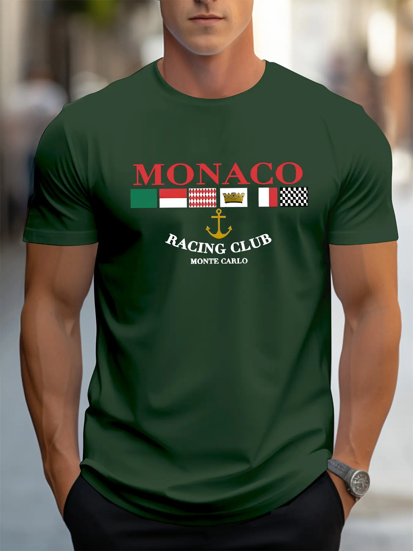 Summer men's 100% pure cotton casual loose MONACO letter printed sports comfortable round neck short sleeved T-shirt top