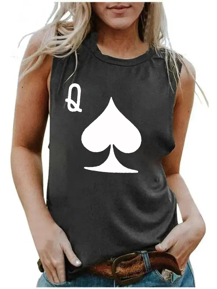 Women's Summer Casual Loose Size Q Playing Card Letter Printed Round Neck Sleeveless Tank Top T-shirt