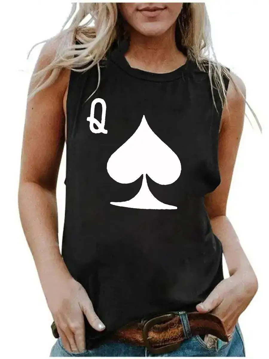 Women's Summer Casual Loose Size Q Playing Card Letter Printed Round Neck Sleeveless Tank Top T-shirt