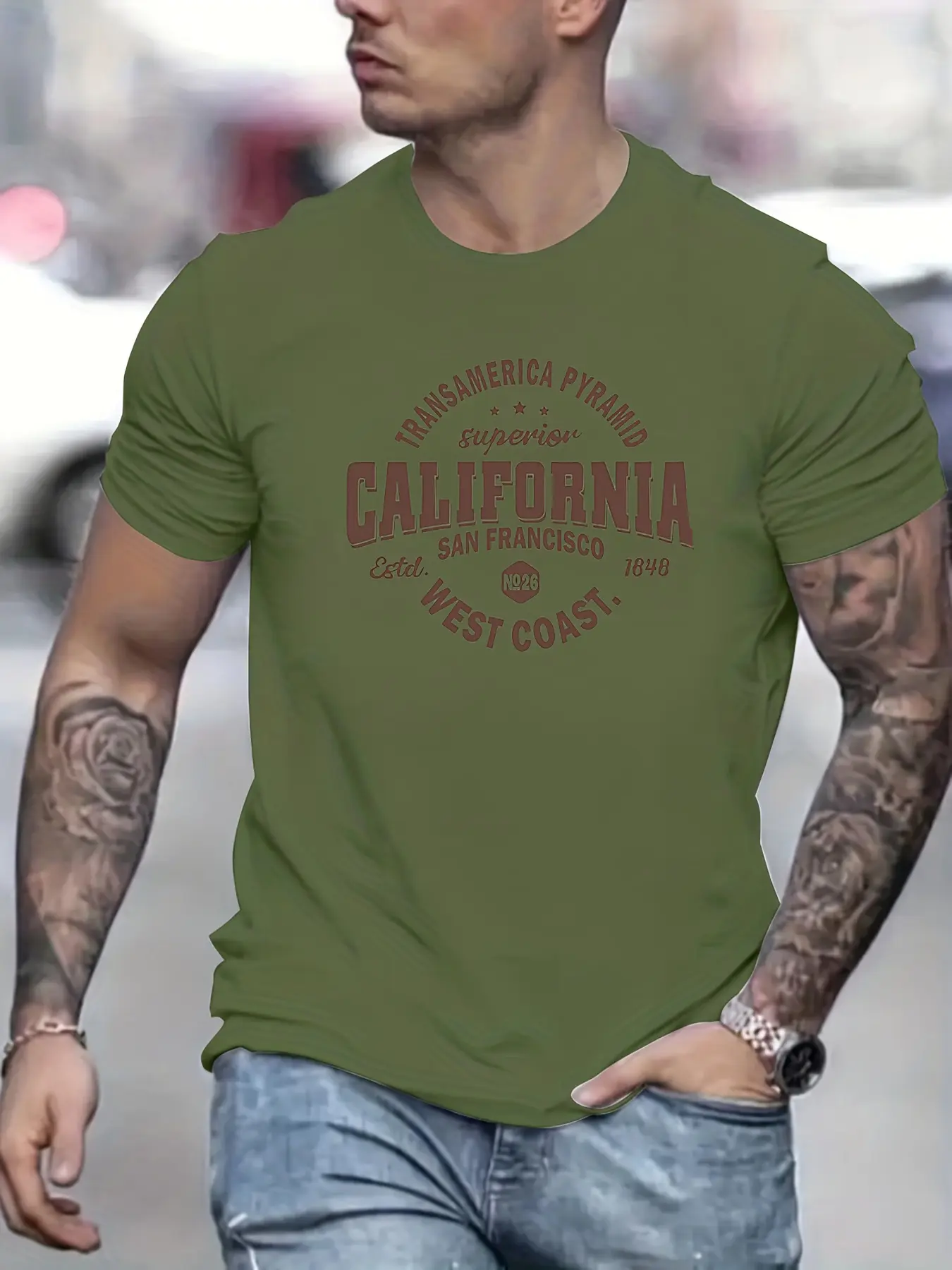 Men's 100% cotton casual sports loose fit California West Coast print round neck short sleeved T-shirt top