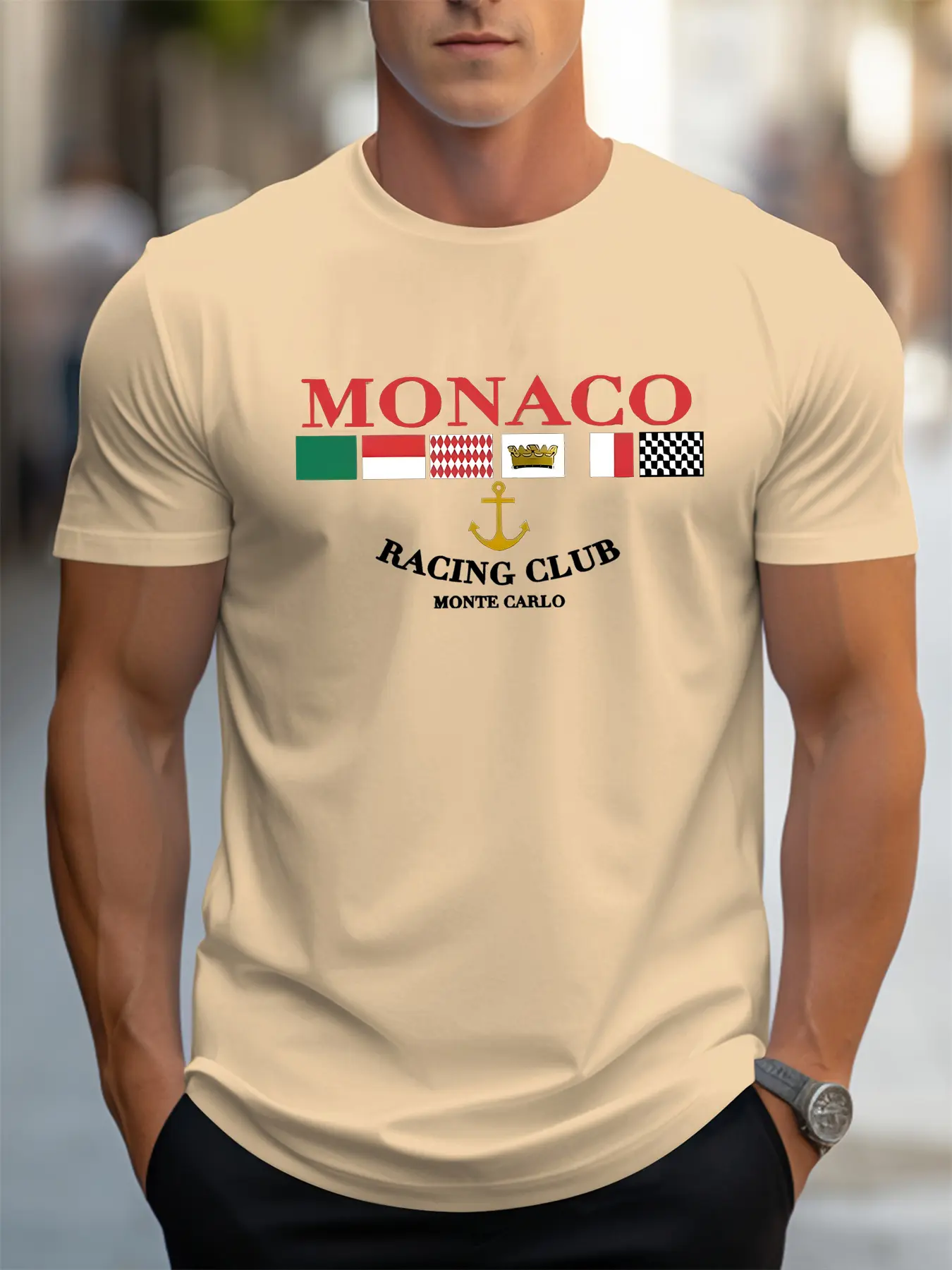 Summer men's 100% pure cotton casual loose MONACO letter printed sports comfortable round neck short sleeved T-shirt top