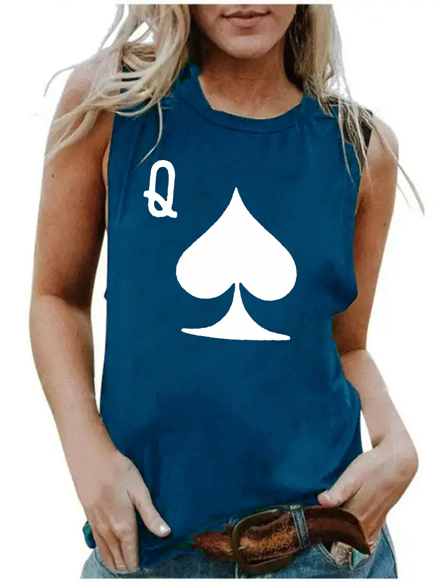Women's Summer Casual Loose Size Q Playing Card Letter Printed Round Neck Sleeveless Tank Top T-shirt