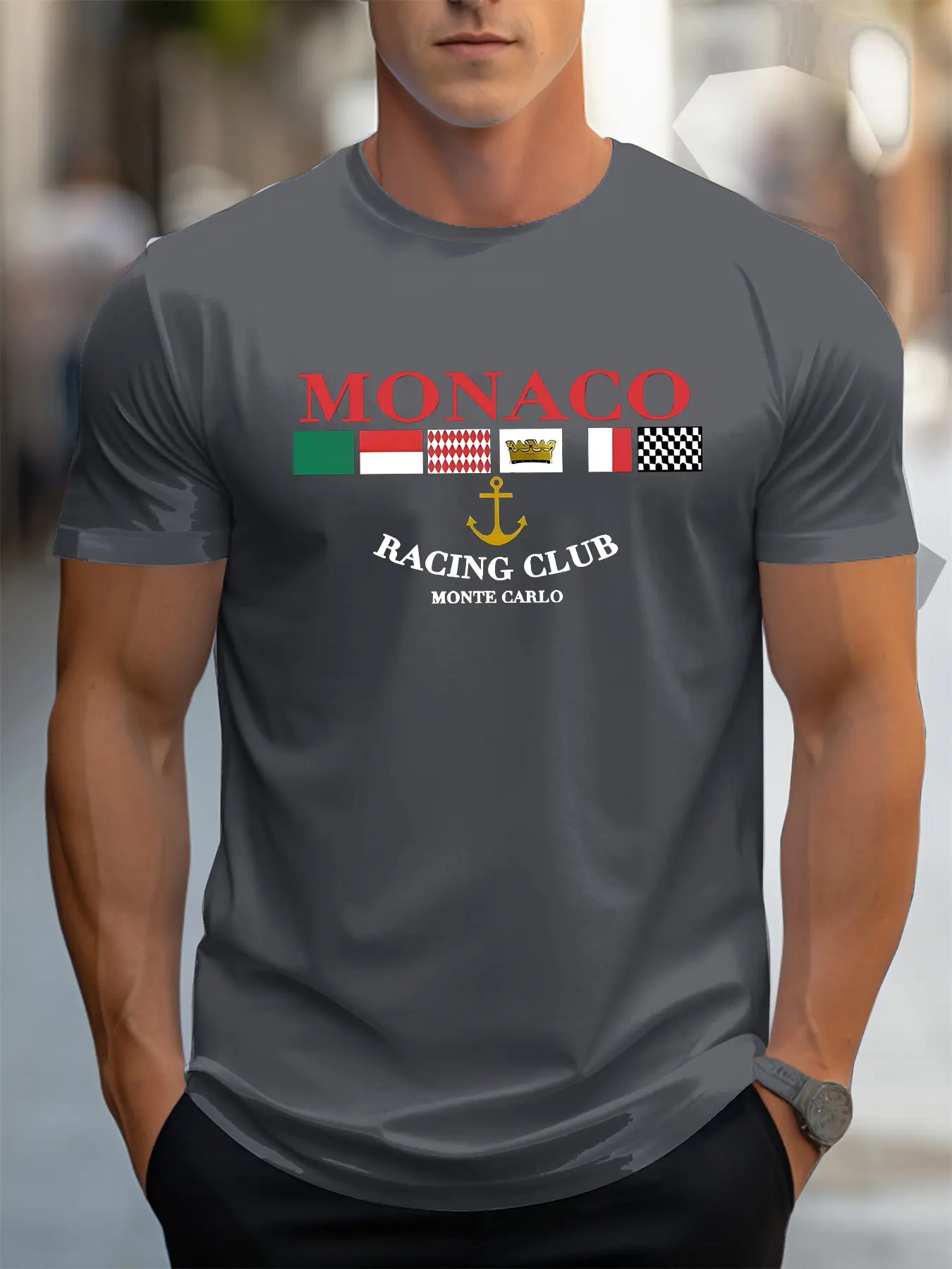 Summer men's 100% pure cotton casual loose MONACO letter printed sports comfortable round neck short sleeved T-shirt top