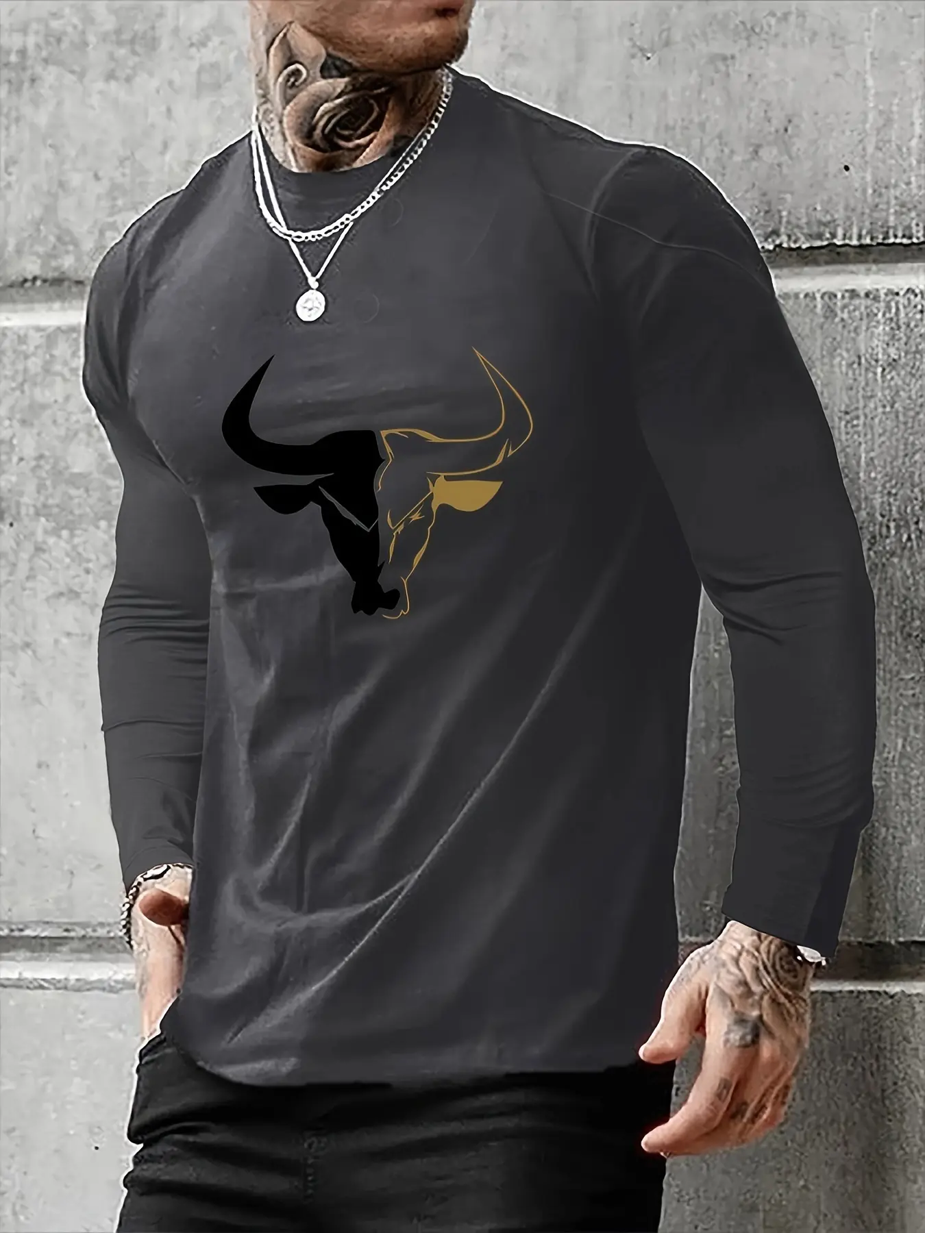 Men's 100% pure cotton loose fit plus size comfortable casual sports bull pattern printed round neck long sleeved T-shirt top