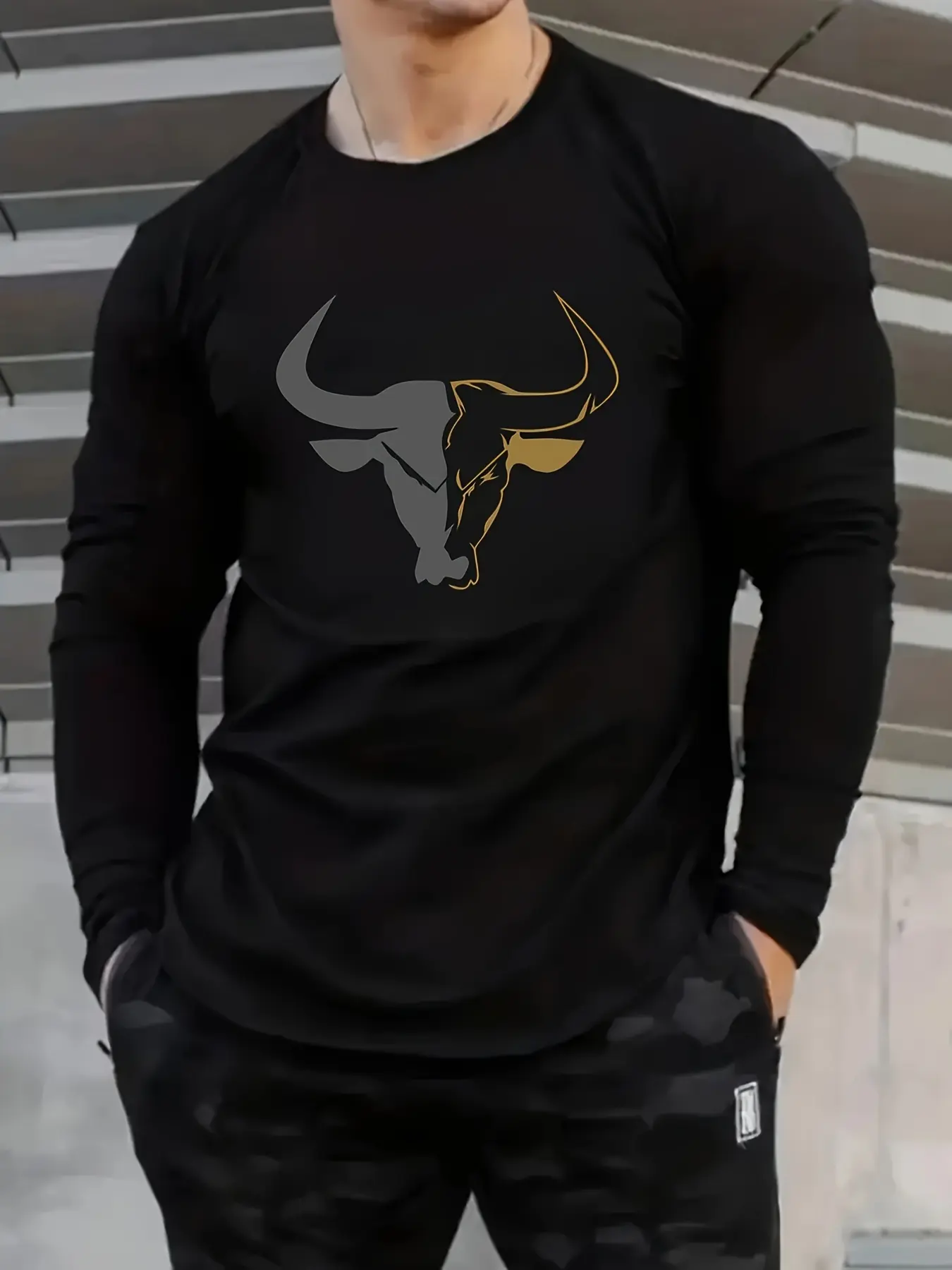 Men's 100% pure cotton loose fit plus size comfortable casual sports bull pattern printed round neck long sleeved T-shirt top