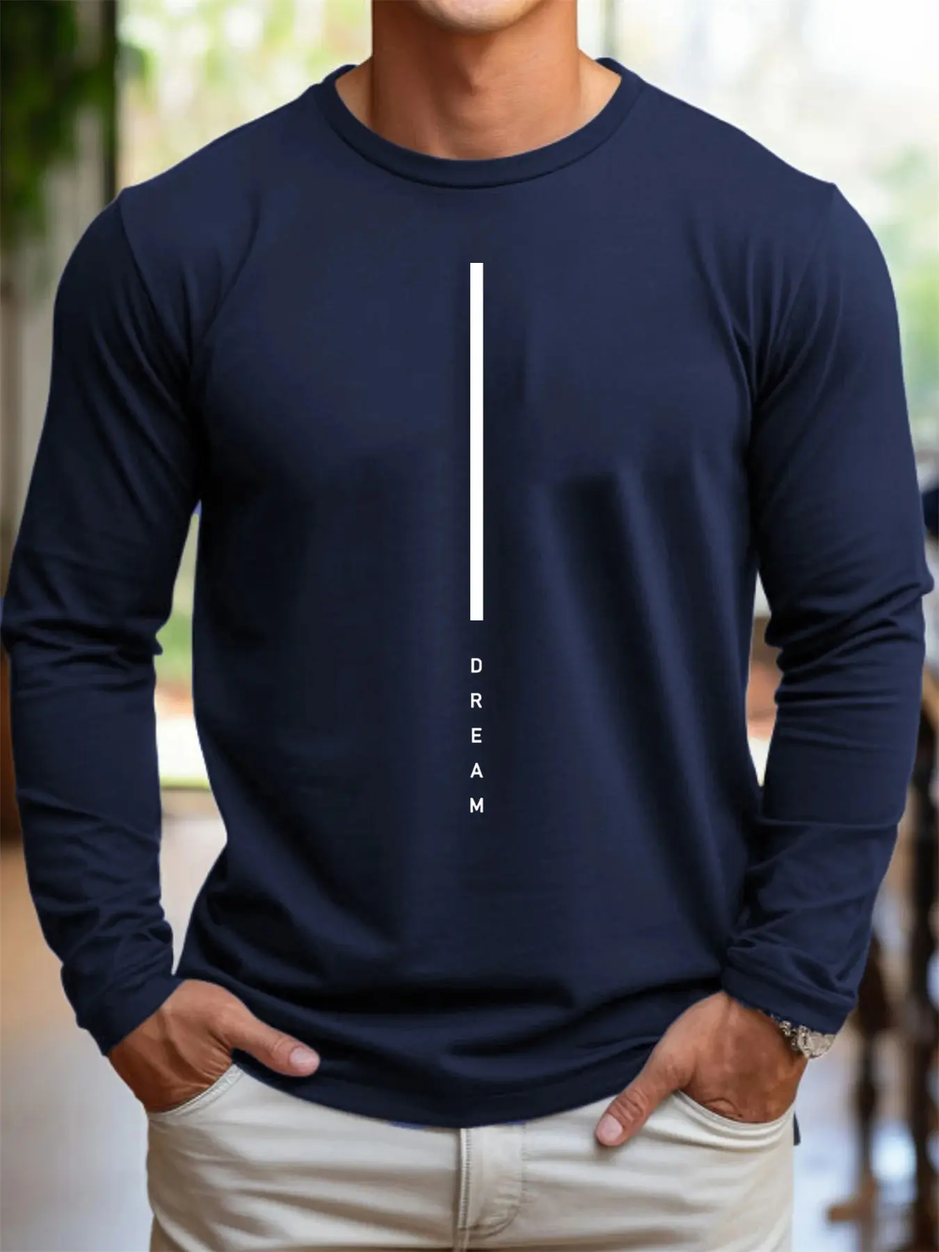 Men's 100% pure cotton loose fit plus size comfortable casual DREAM letter printed round neck long sleeved T-shirt top