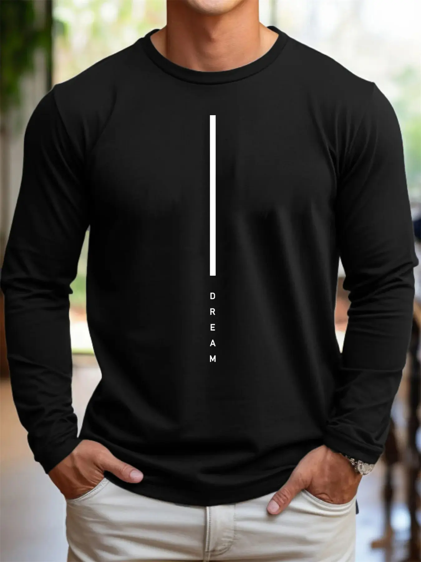 Men's 100% pure cotton loose fit plus size comfortable casual DREAM letter printed round neck long sleeved T-shirt top