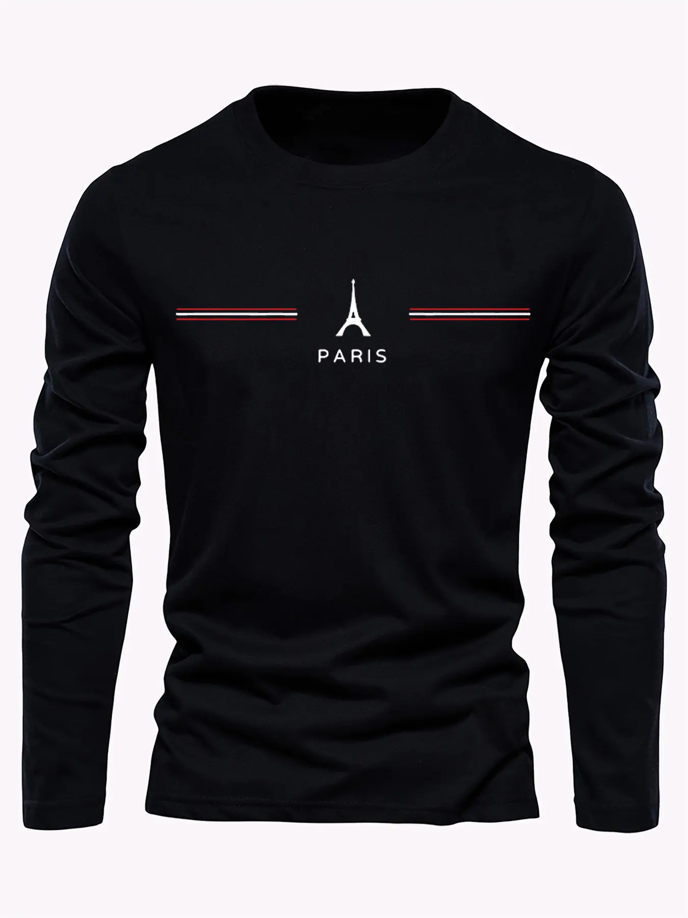 Men's 100% pure cotton loose fit plus size comfortable casual sports Paris letter printed round neck long sleeved T-shirt top