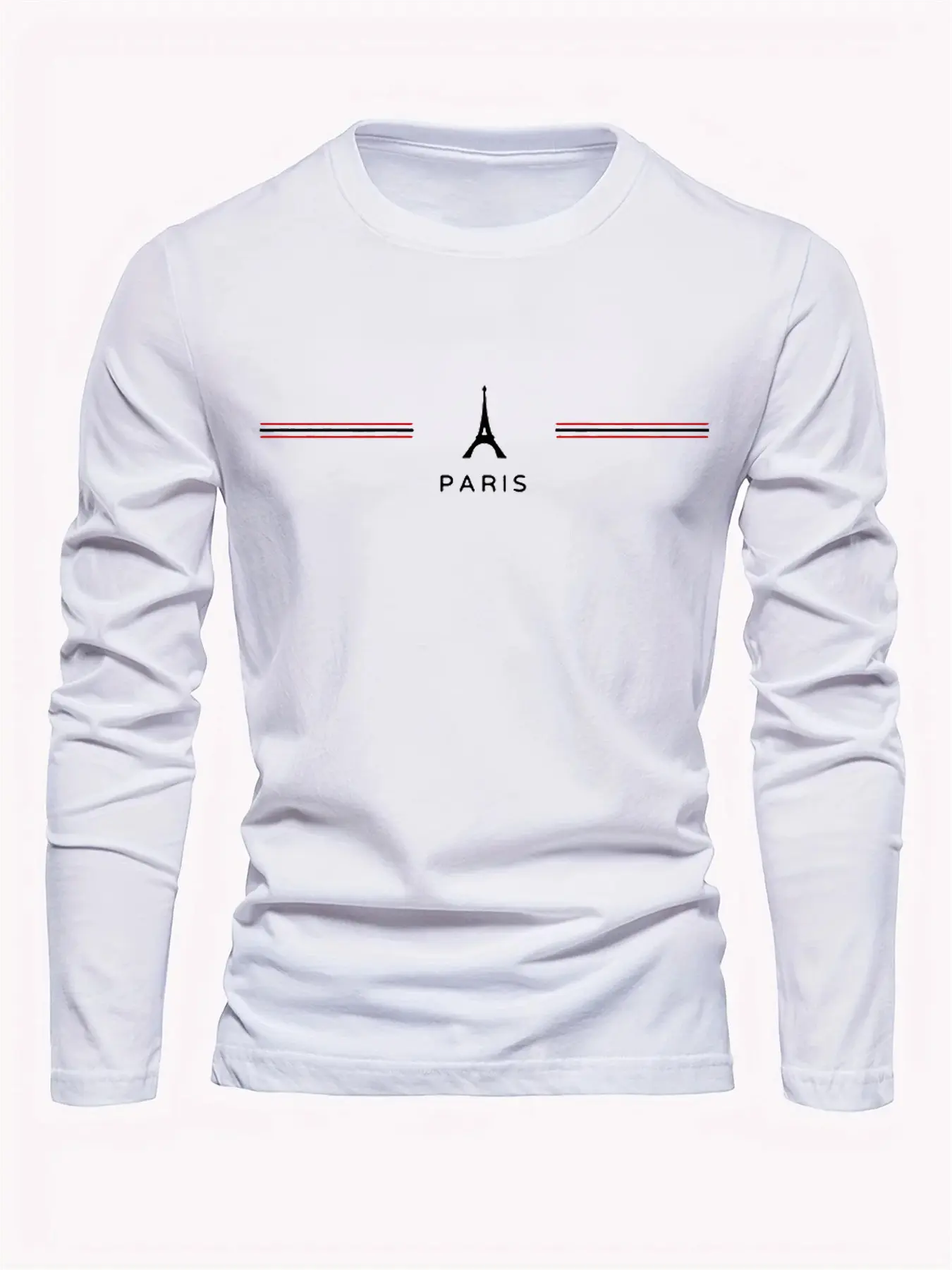 Men's 100% pure cotton loose fit plus size comfortable casual sports Paris letter printed round neck long sleeved T-shirt top