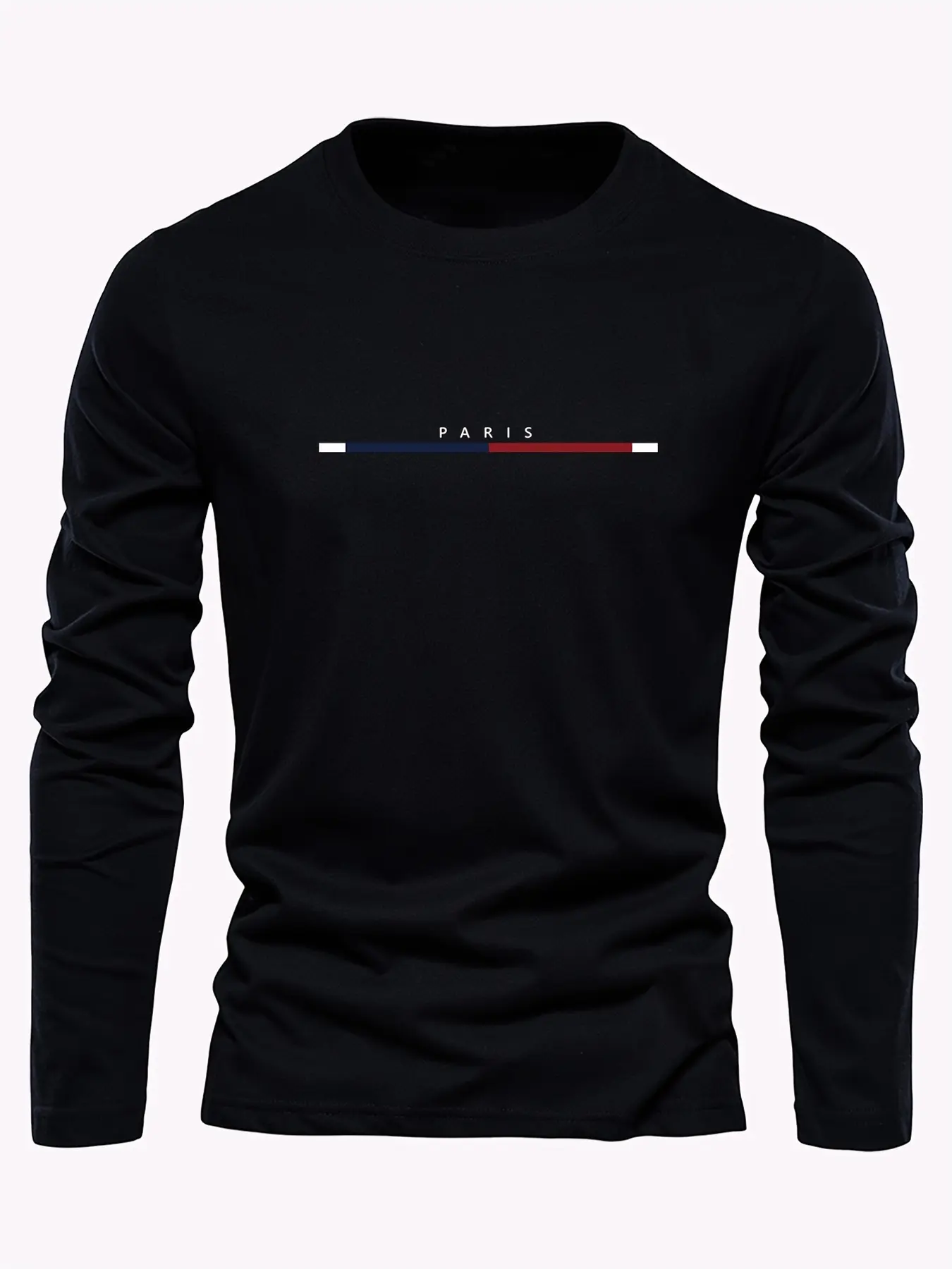 Men's 100% pure cotton loose fit plus size comfortable casual sports Paris letter printed round neck long sleeved T-shirt top