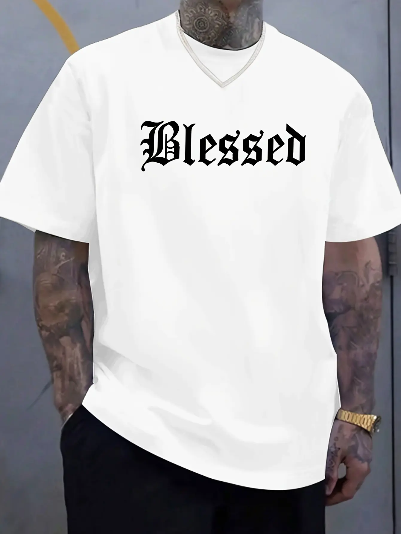 Men's summer 100% pure cotton fashionable casual loose Blessed letter pattern printed sports round neck short sleeved T-shirt