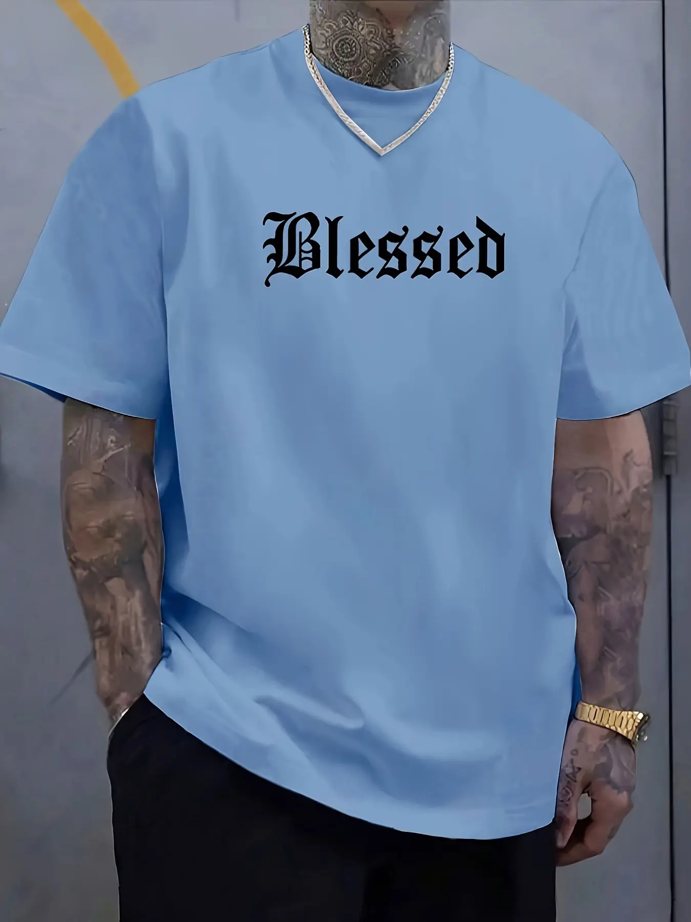 Men's summer 100% pure cotton fashionable casual loose Blessed letter pattern printed sports round neck short sleeved T-shirt