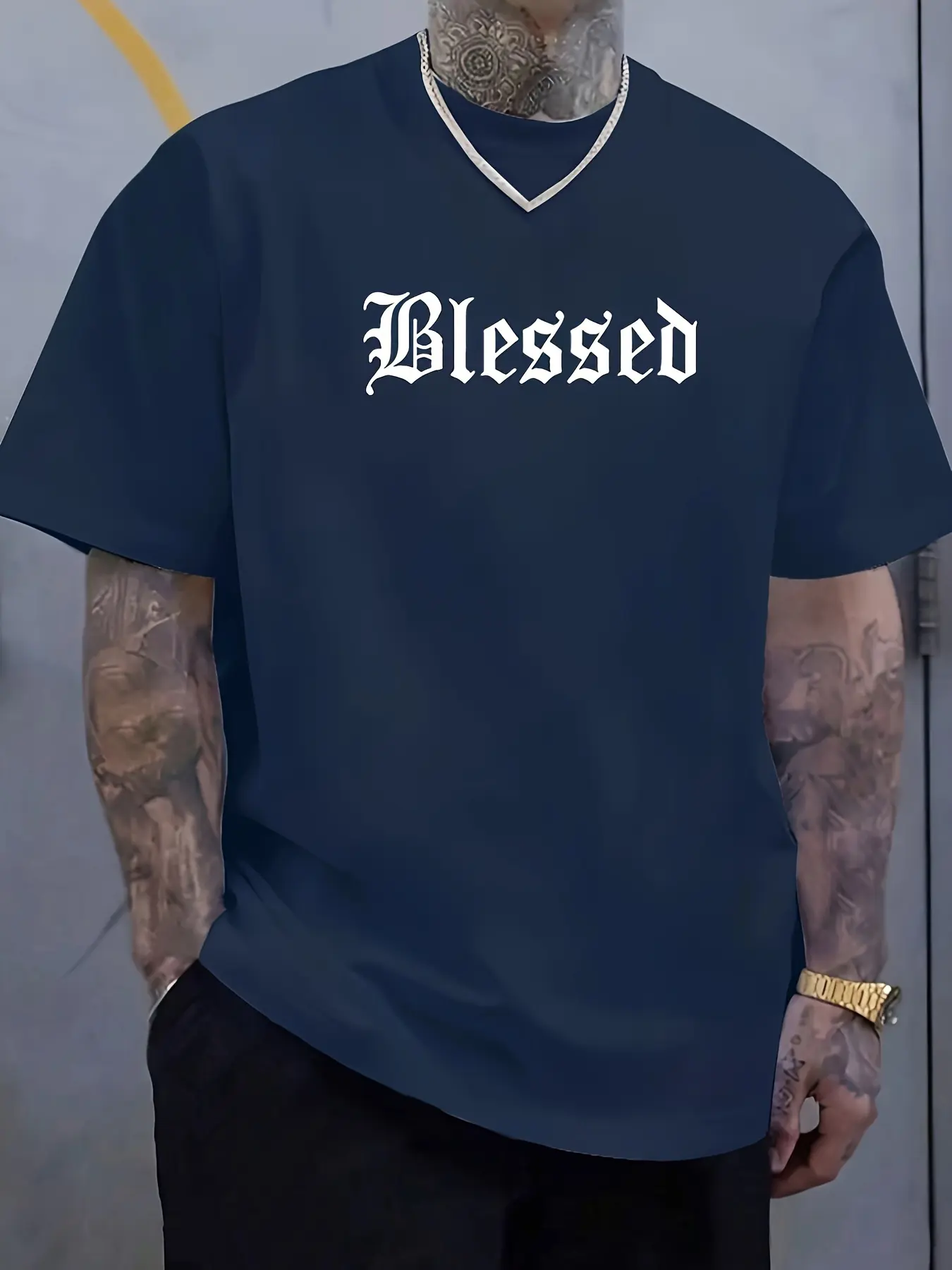 Men's summer 100% pure cotton fashionable casual loose Blessed letter pattern printed sports round neck short sleeved T-shirt
