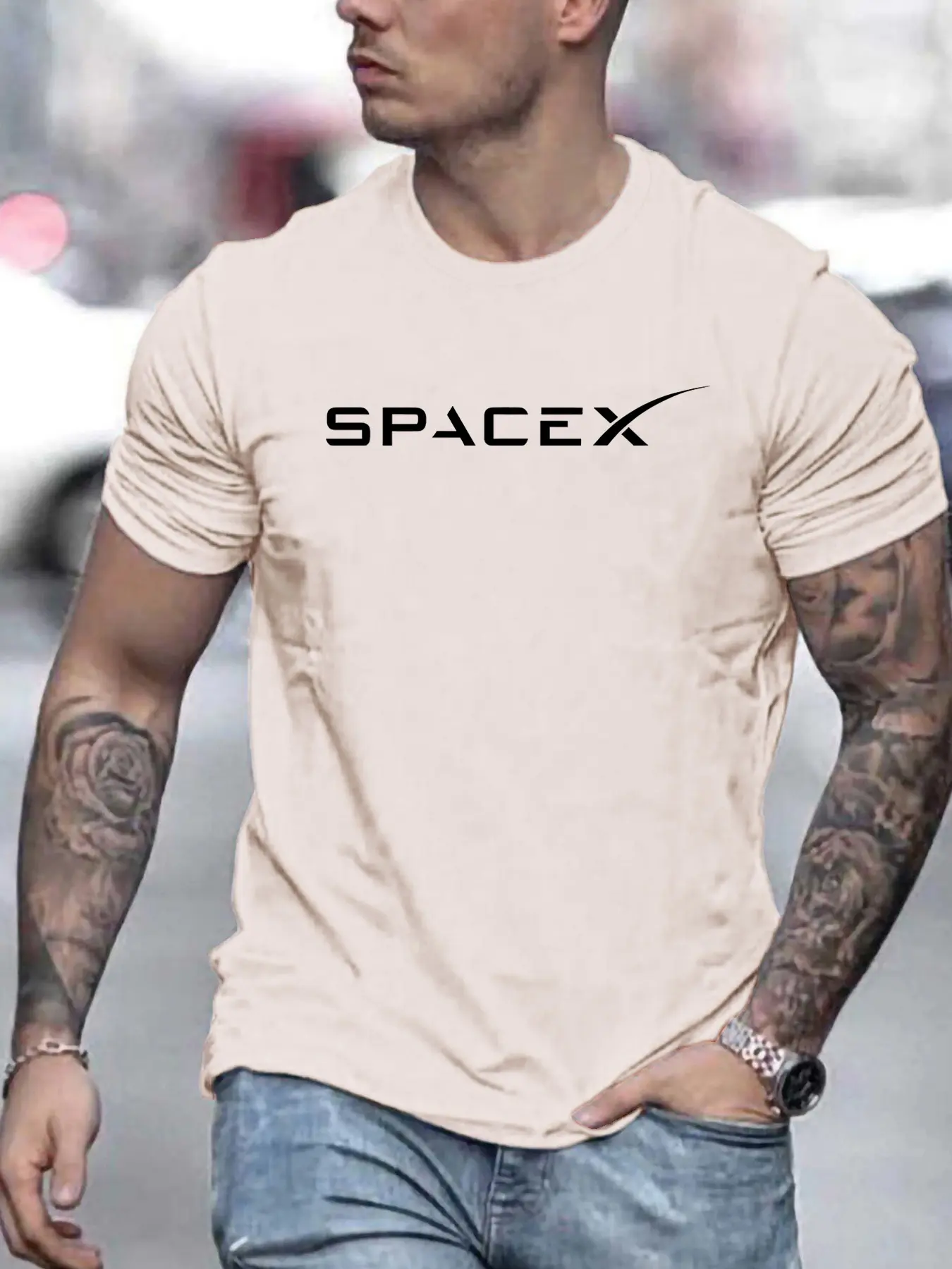 Men's Summer 100 Cotton Fashionable Casual Loose Large Size SPACEX Letter Pattern Printed Round Neck Short Sleeve T-shirt Top