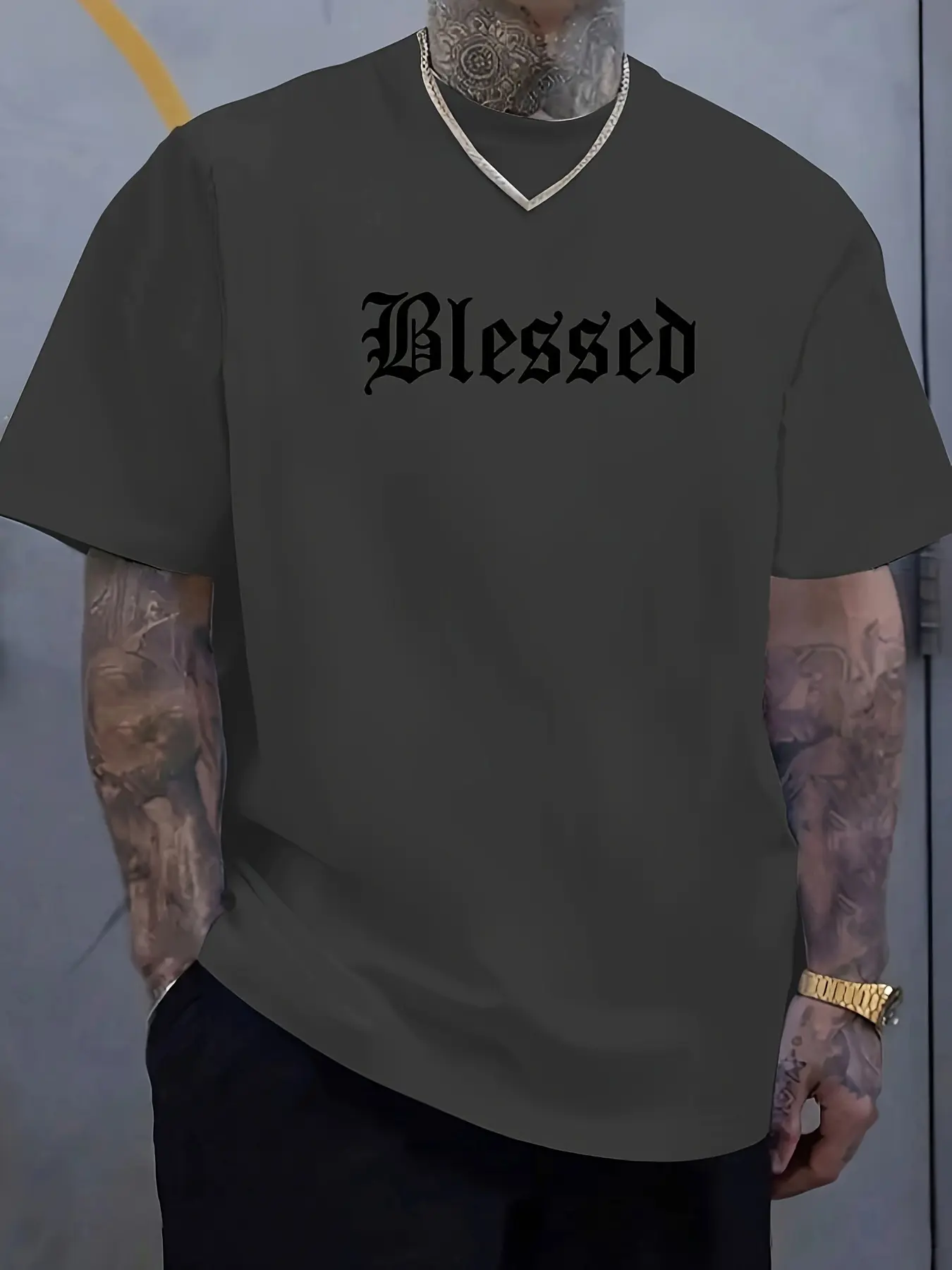 Men's summer 100% pure cotton fashionable casual loose Blessed letter pattern printed sports round neck short sleeved T-shirt