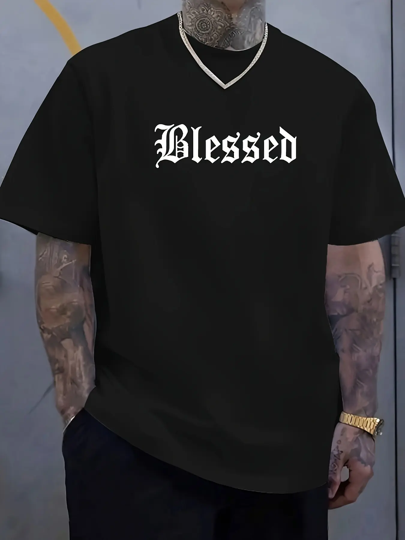 Men's summer 100% pure cotton fashionable casual loose Blessed letter pattern printed sports round neck short sleeved T-shirt