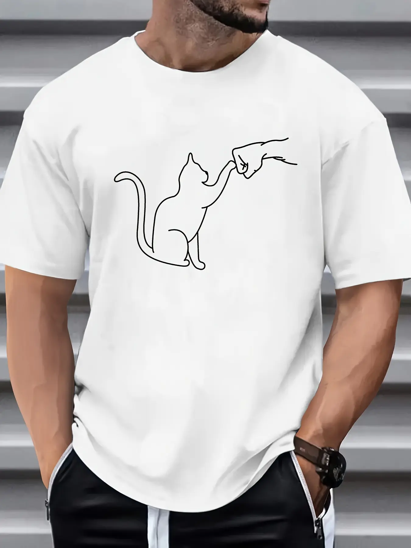 Men's Summer 100 Cotton Fashionable Casual Loose Large Size T-shirt with Cat Punch Pattern Printed Round Neck Short Sleeve Top