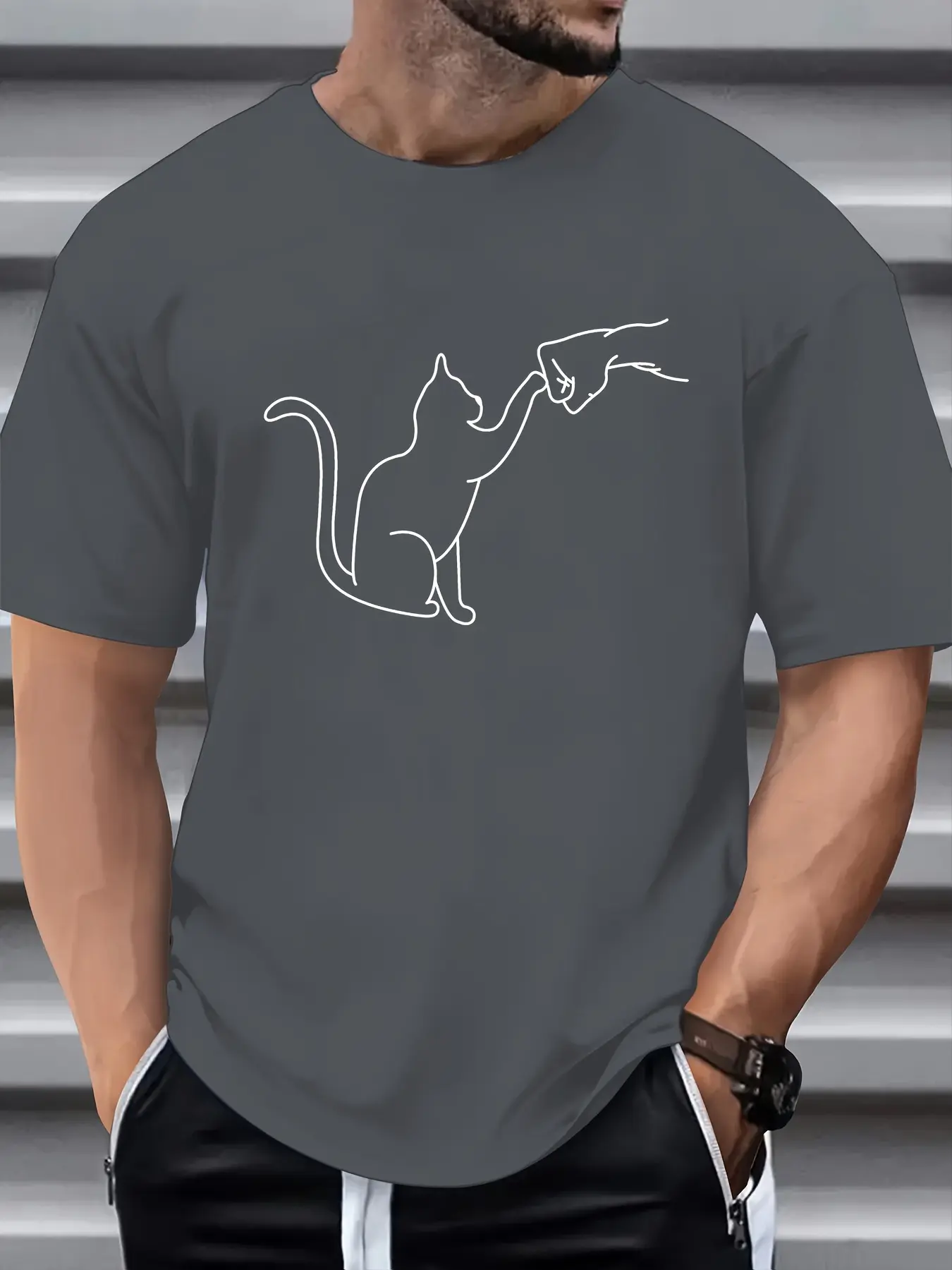 Men's Summer 100 Cotton Fashionable Casual Loose Large Size T-shirt with Cat Punch Pattern Printed Round Neck Short Sleeve Top