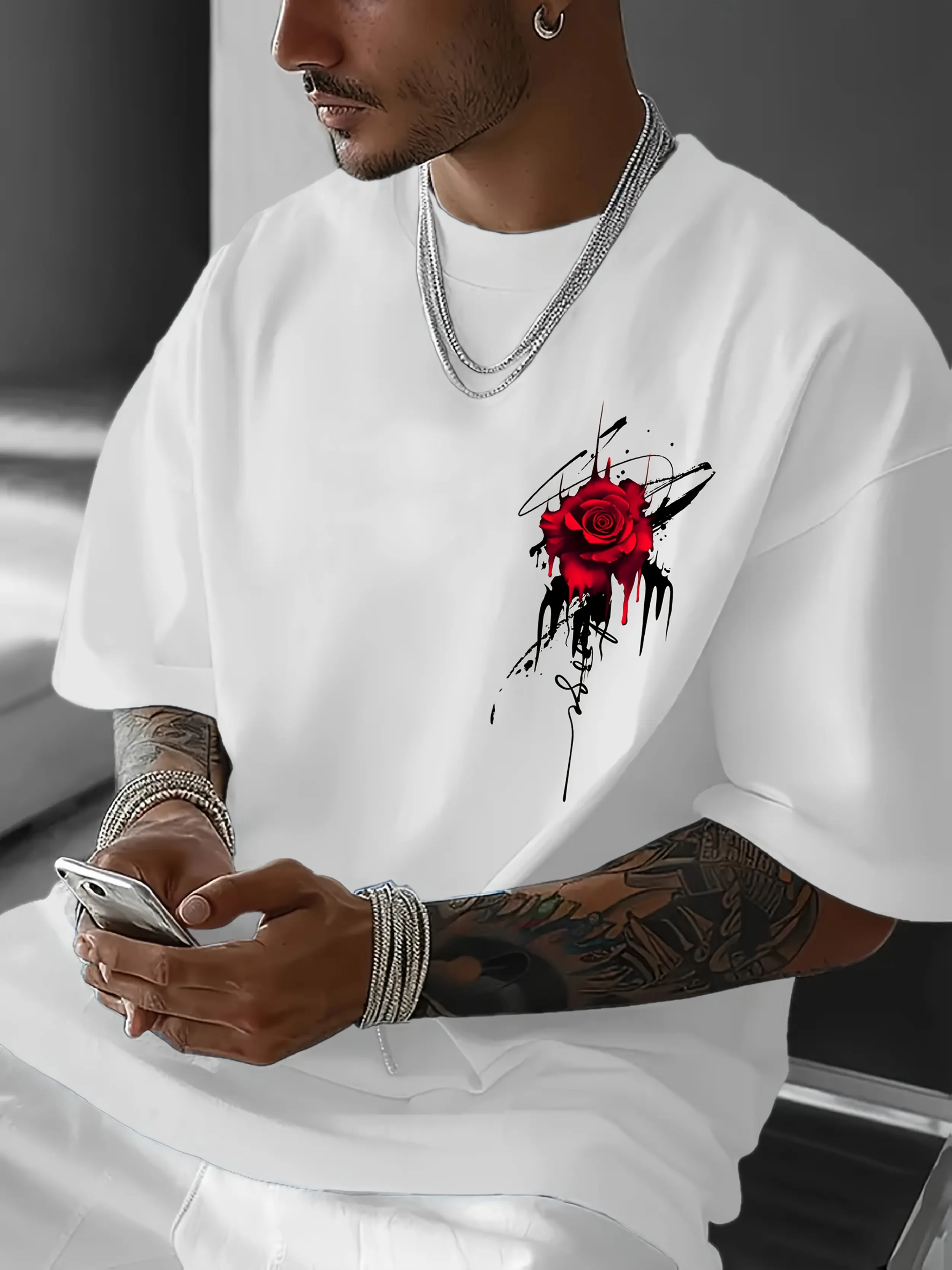 Men's summer 100 cotton fashionable casual sports loose and eye-catching red rose printed round neck short sleeved T-shirt top
