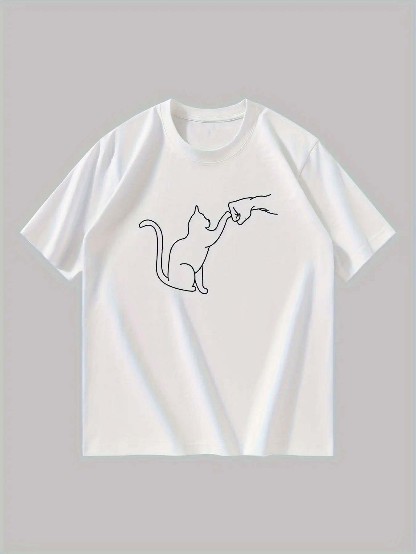 Men's Summer 100 Cotton Fashionable Casual Loose Large Size T-shirt with Cat Punch Pattern Printed Round Neck Short Sleeve Top