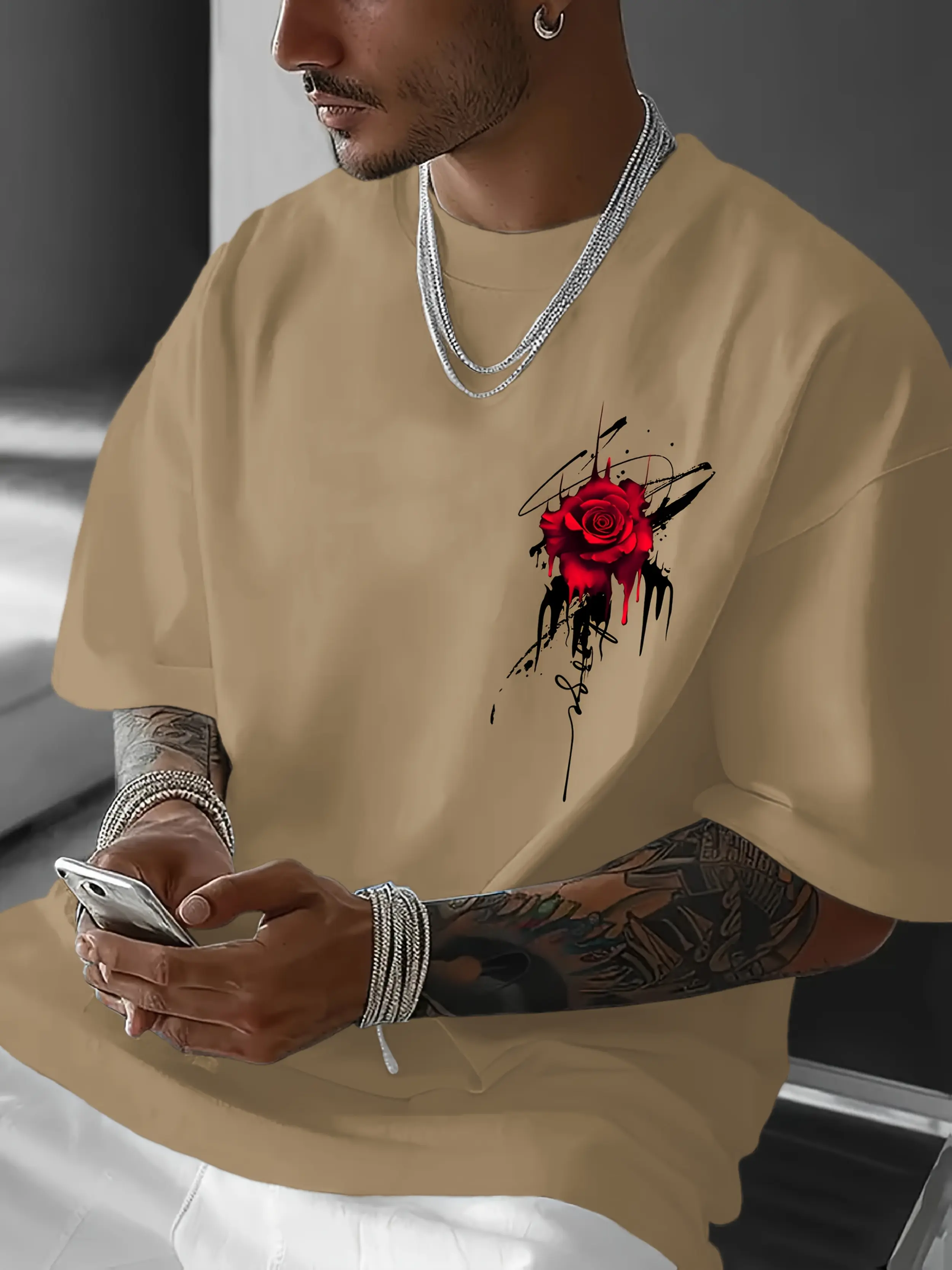 Men's summer 100 cotton fashionable casual sports loose and eye-catching red rose printed round neck short sleeved T-shirt top