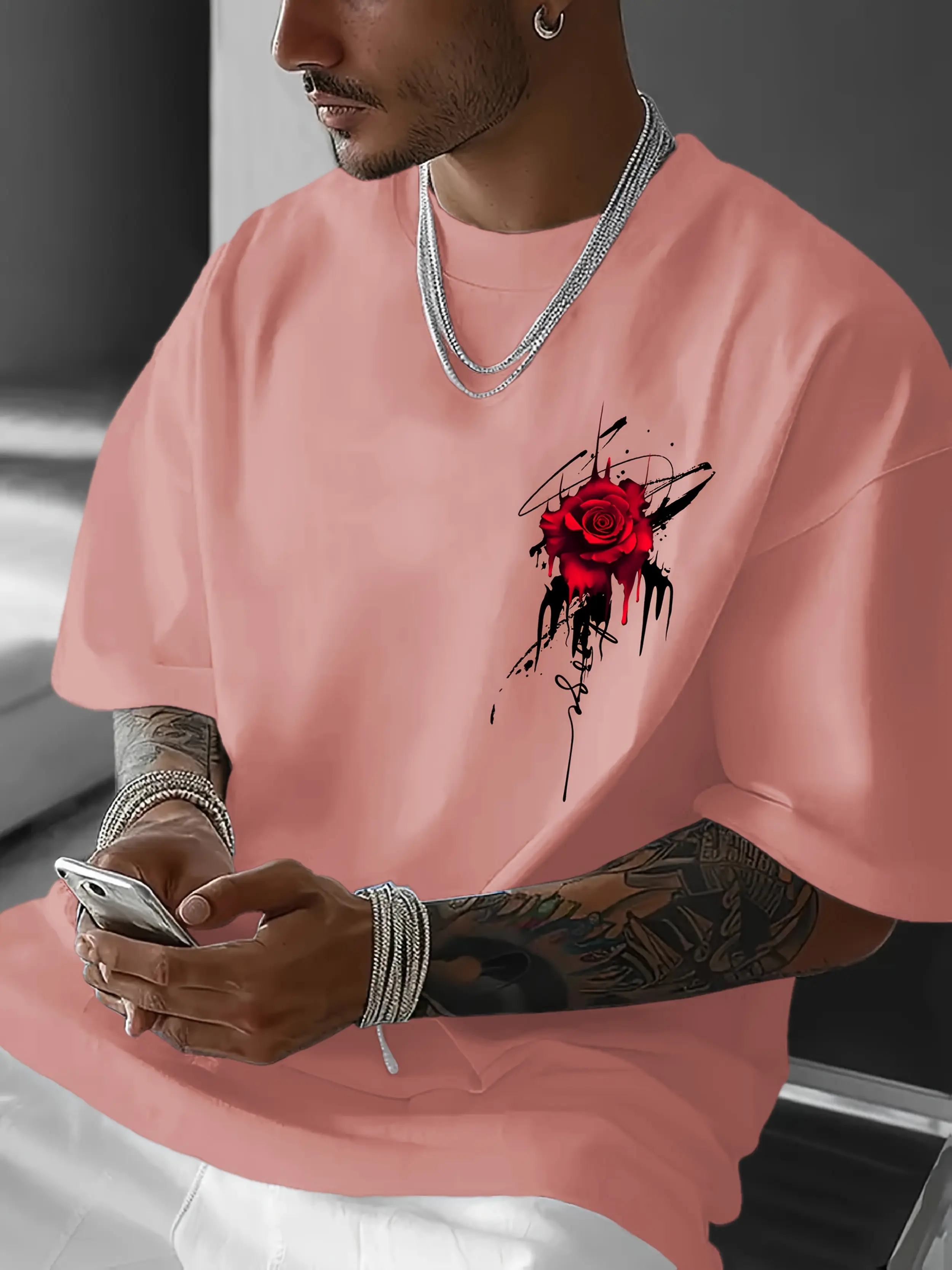 Men's summer 100 cotton fashionable casual sports loose and eye-catching red rose printed round neck short sleeved T-shirt top