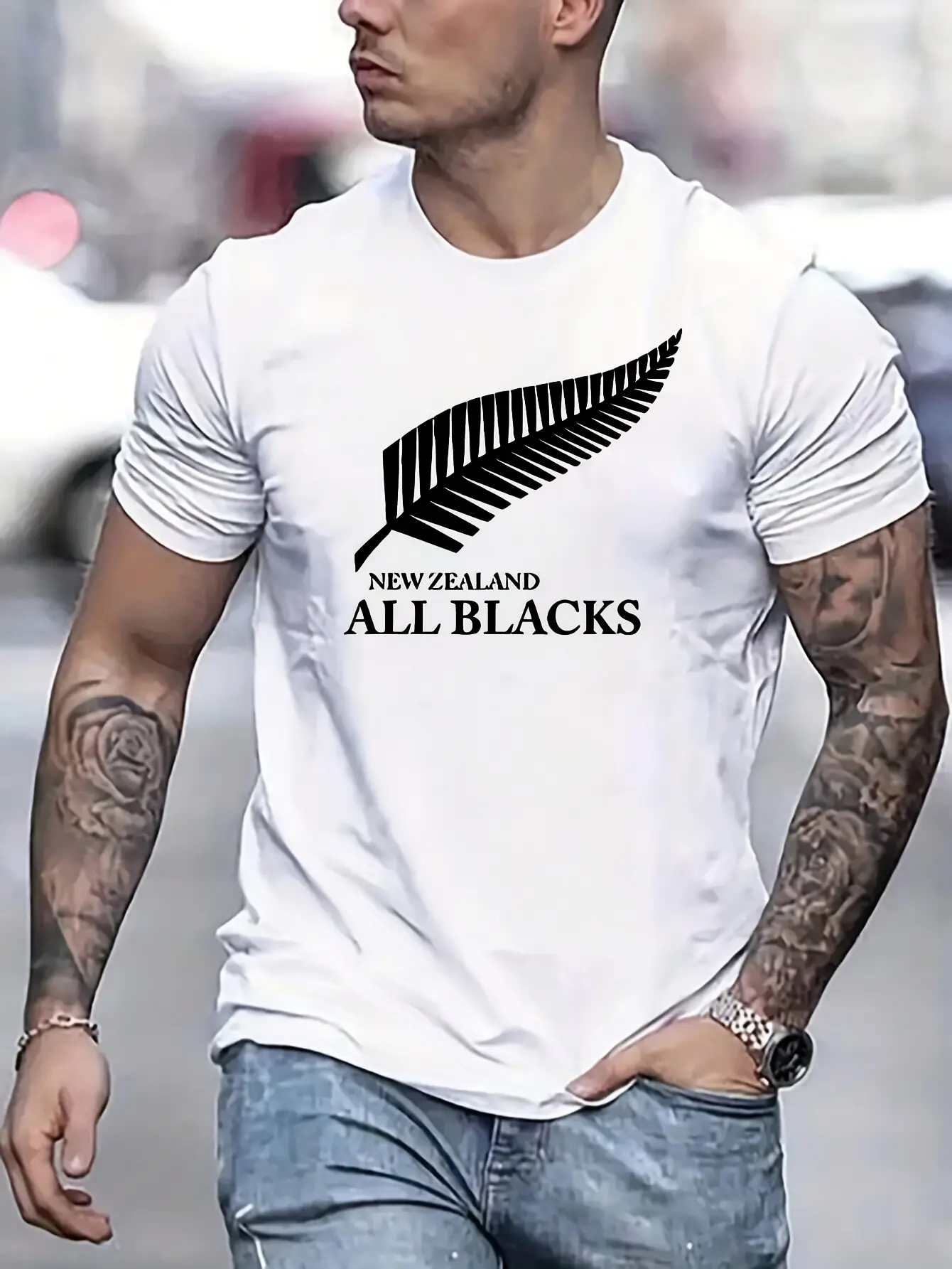 Men's Summer 100 Cotton Fashionable Casual Loose Large New Zealand Letter Feather Printed Round Neck Short Sleeve T-shirt Top