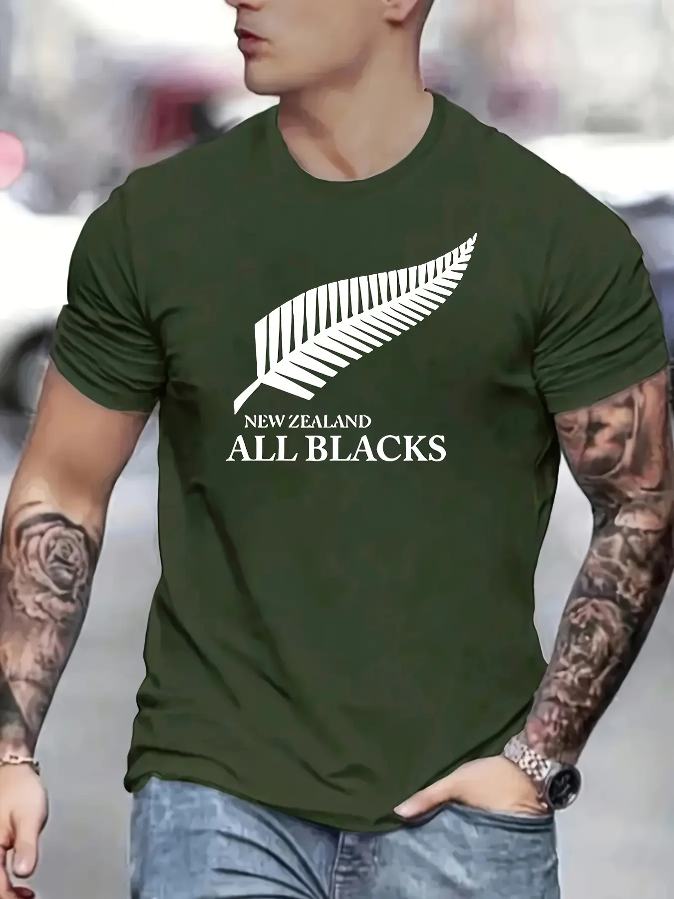 Men's Summer 100 Cotton Fashionable Casual Loose Large New Zealand Letter Feather Printed Round Neck Short Sleeve T-shirt Top