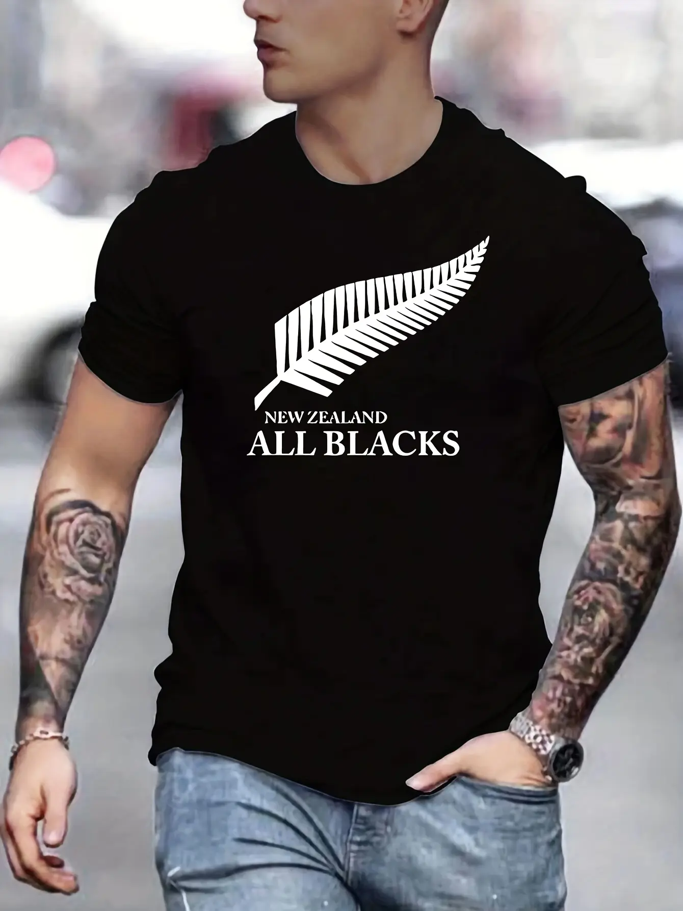 Men's Summer 100 Cotton Fashionable Casual Loose Large New Zealand Letter Feather Printed Round Neck Short Sleeve T-shirt Top