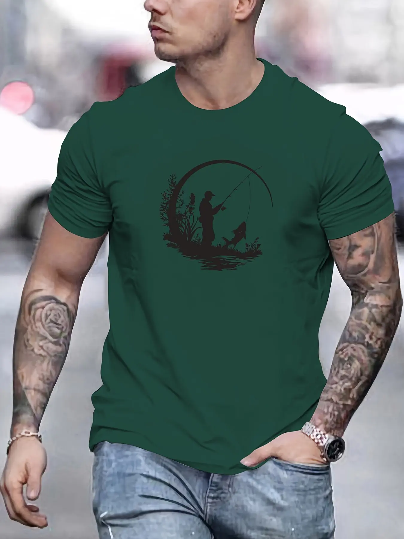 Men's summer 100% pure cotton fashionable casual loose fishing pattern printed sports round neck short sleeved T-shirt top