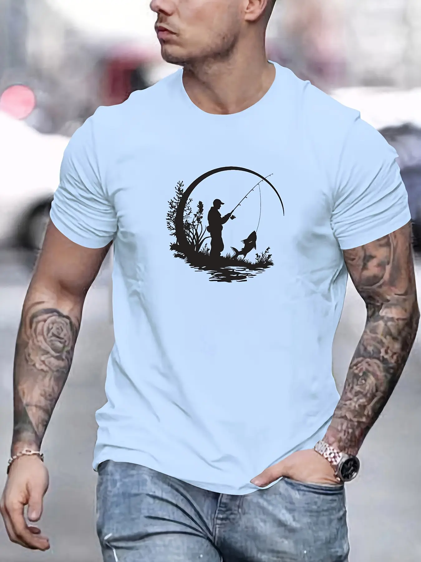 Men's summer 100% pure cotton fashionable casual loose fishing pattern printed sports round neck short sleeved T-shirt top
